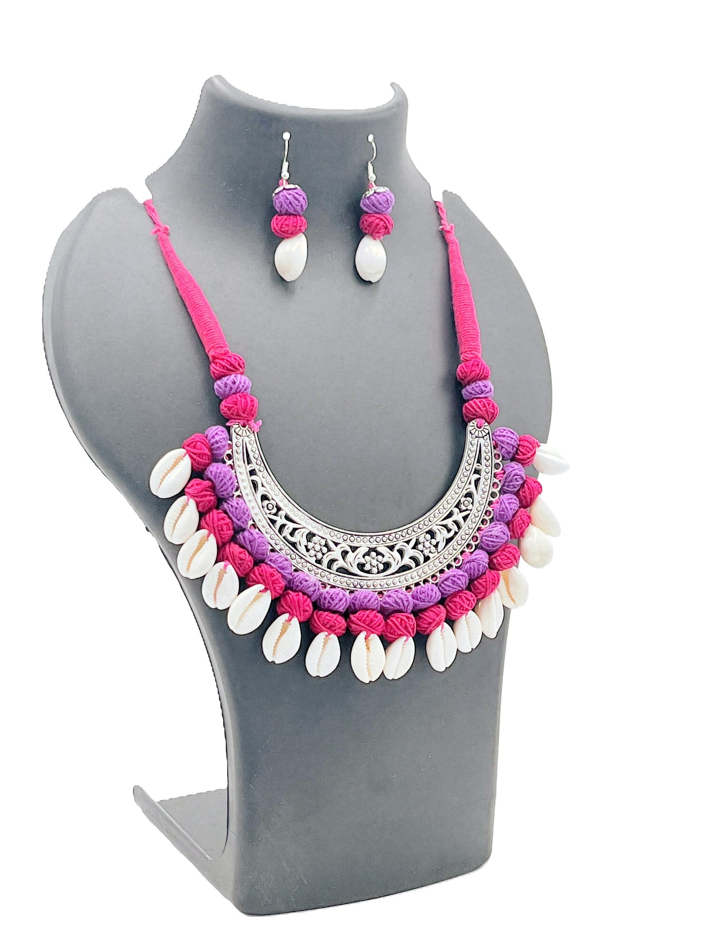 The Chakmak Rang Tarang – Magenta & Purple Thread Necklace Set with Oxidized Crescent Pendant and Cowrie Shells