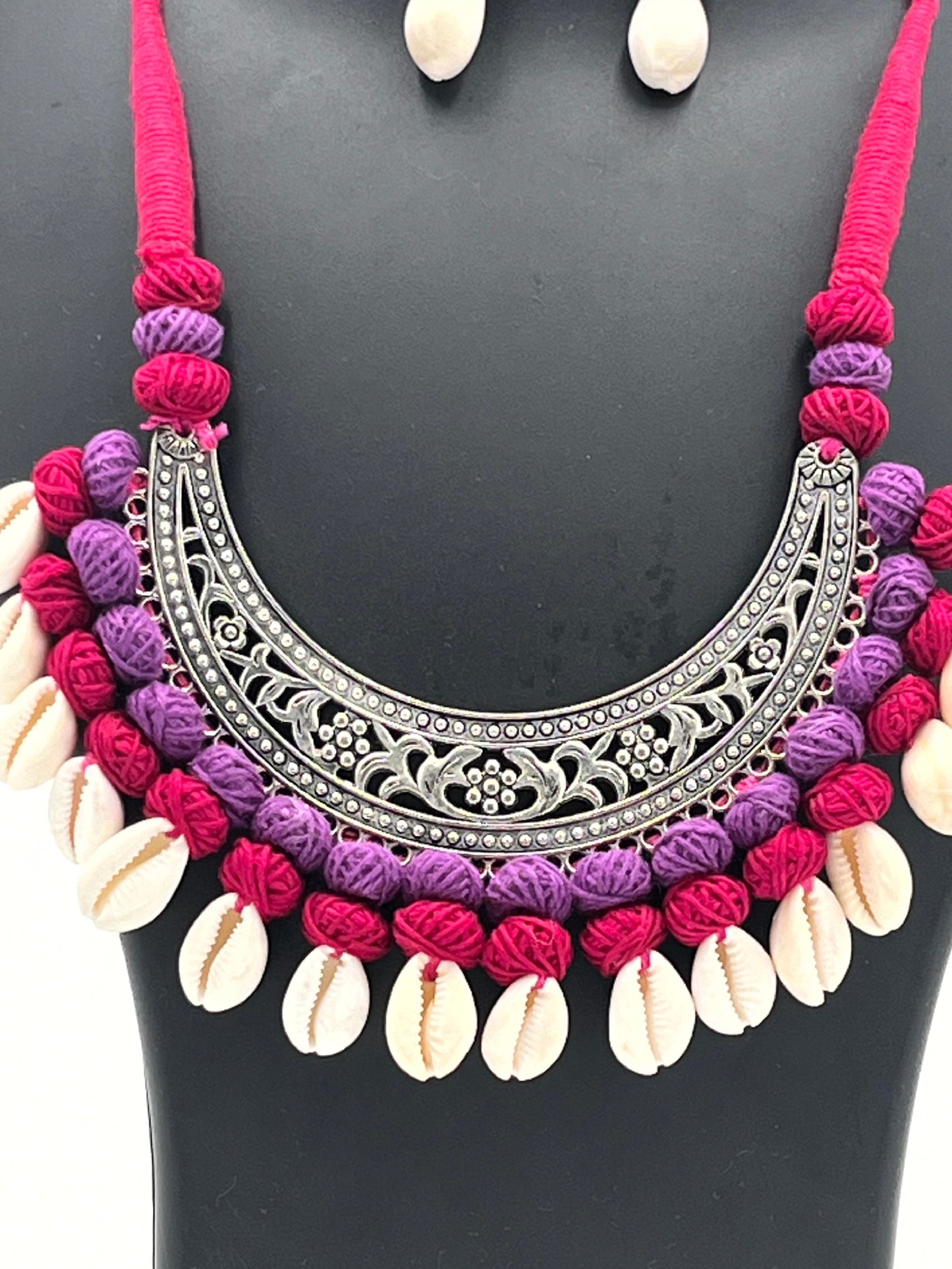 The Chakmak Rang Tarang – Magenta & Purple Thread Necklace Set with Oxidized Crescent Pendant and Cowrie Shells