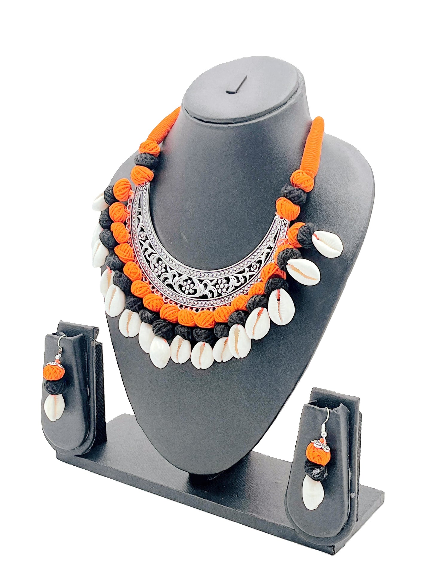The Chakmak Rang Tarang – Handcrafted Orange & Black Thread Cowrie Shell Necklace Set with Oxidized Crescent Pendant | Navdurga Jewellery