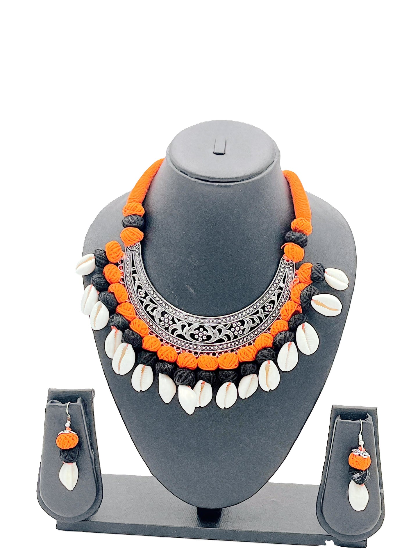 The Chakmak Rang Tarang – Handcrafted Orange & Black Thread Cowrie Shell Necklace Set with Oxidized Crescent Pendant | Navdurga Jewellery