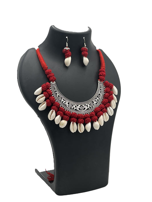 The Chakmak Rang Tarang – Red Thread Cowrie Shell & Oxidized Crescent Necklace Set with Earrings
