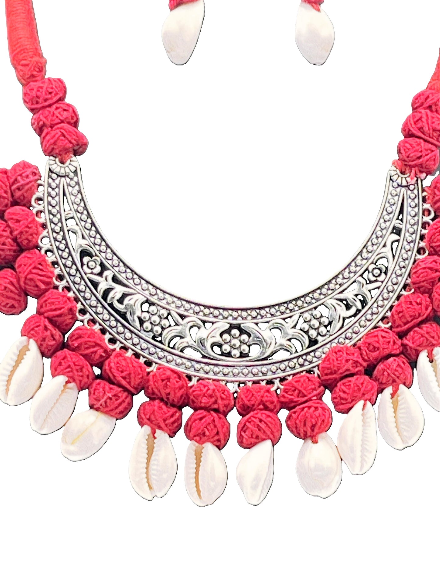 The Chakmak Rang Tarang – Red Thread Cowrie Shell & Oxidized Crescent Necklace Set with Earrings