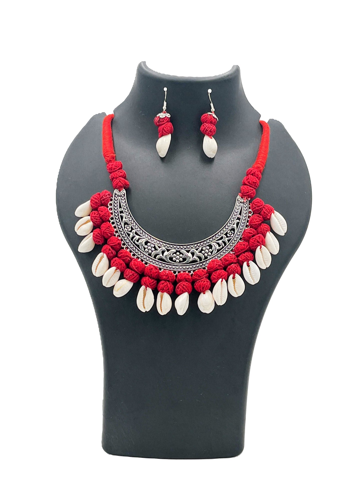 The Chakmak Rang Tarang – Red Thread Cowrie Shell & Oxidized Crescent Necklace Set with Earrings