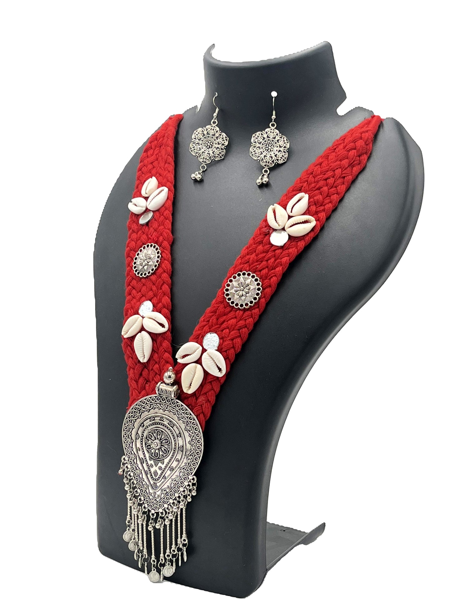 The Chakmak Rang Tarang – Red Thread Cowrie Shell & Dangling Pendant Necklace Set
