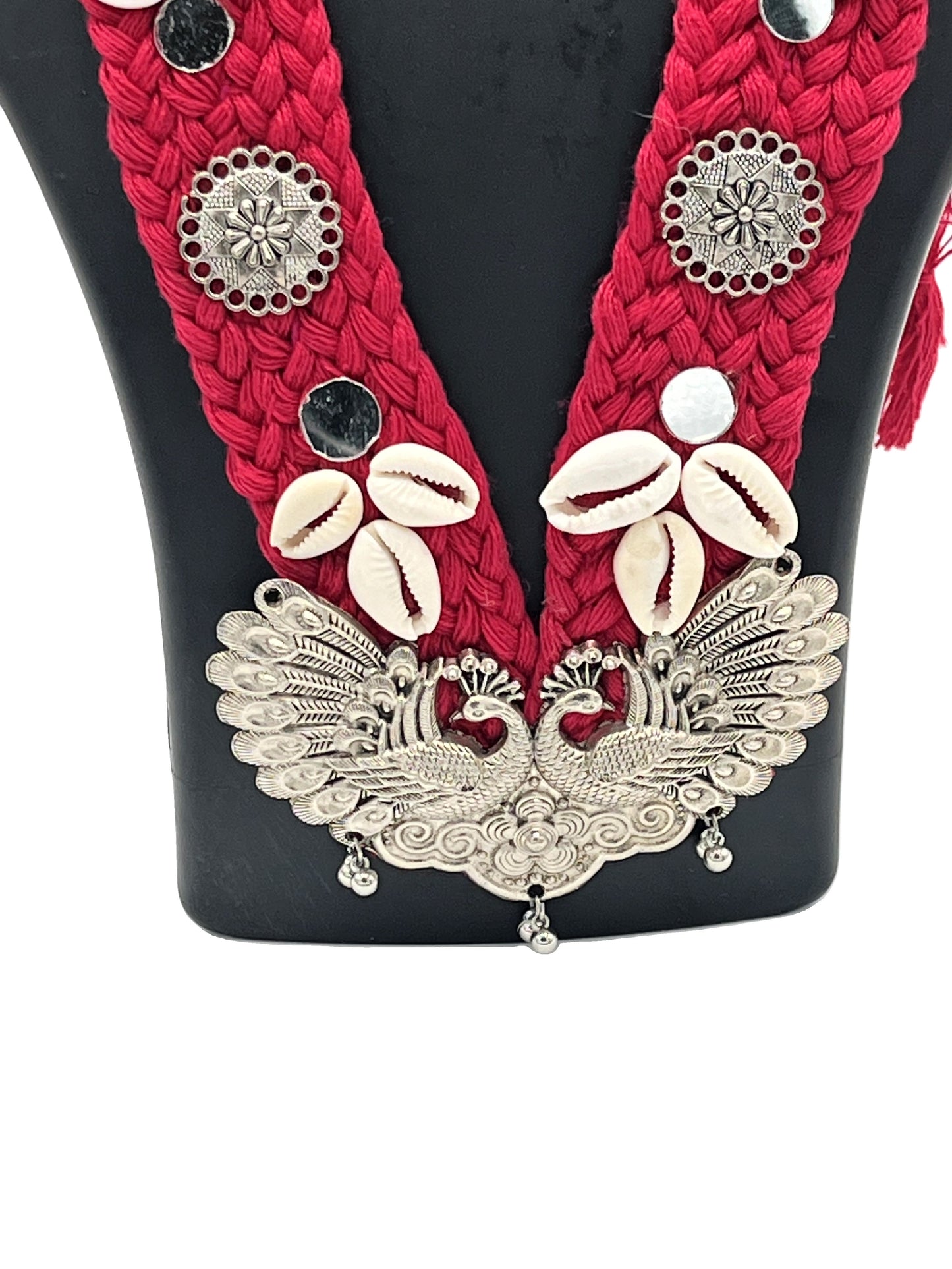 The Chakmak Rang Tarang – Red Thread with Double Peacock Oxidized Pendant & Cowrie Shell Necklace Set