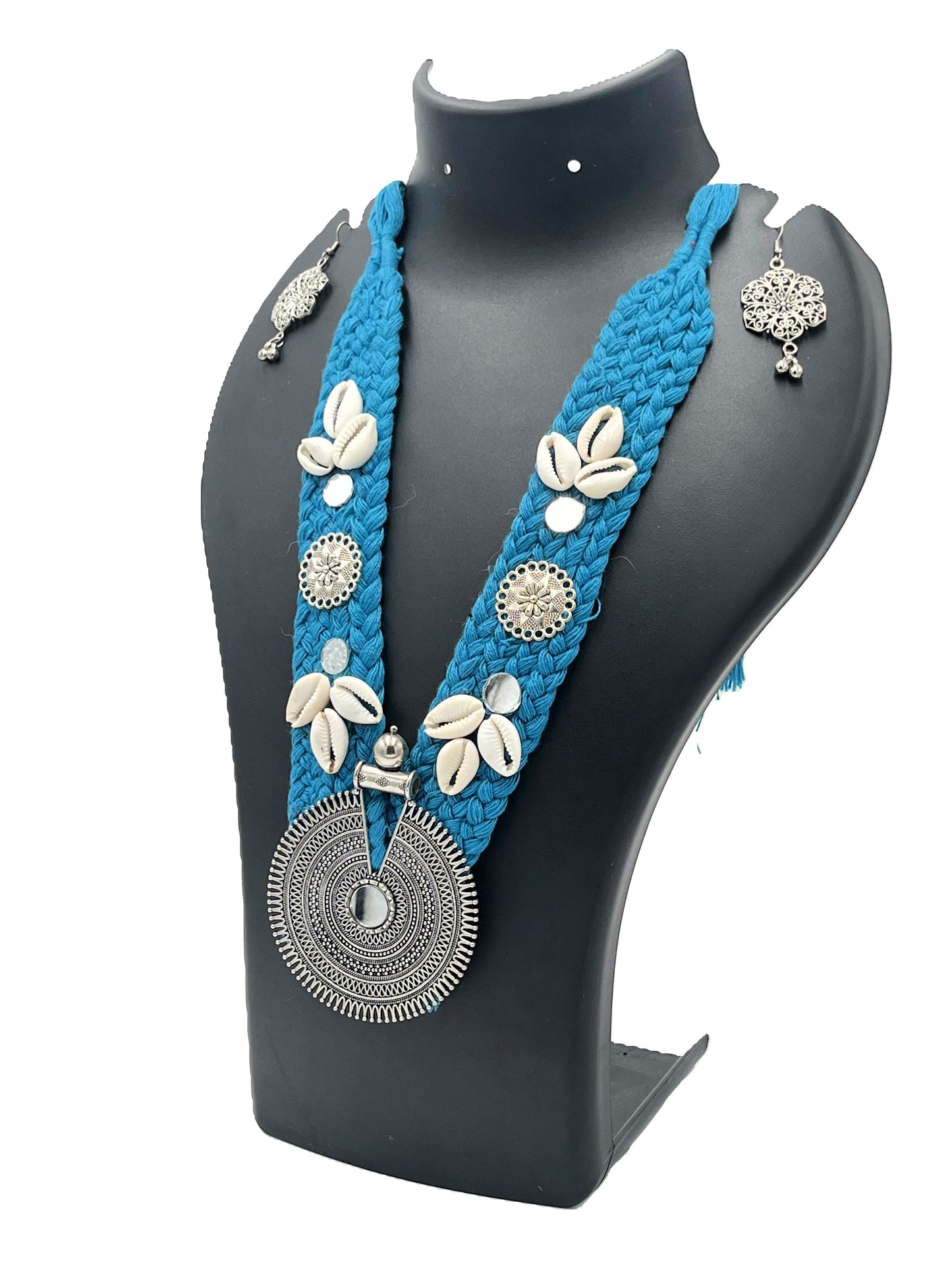Teal blue cowrie shell necklace set with matching earrings, oxidized pendant, and braided cotton thread – Ethnic handcrafted jewellery