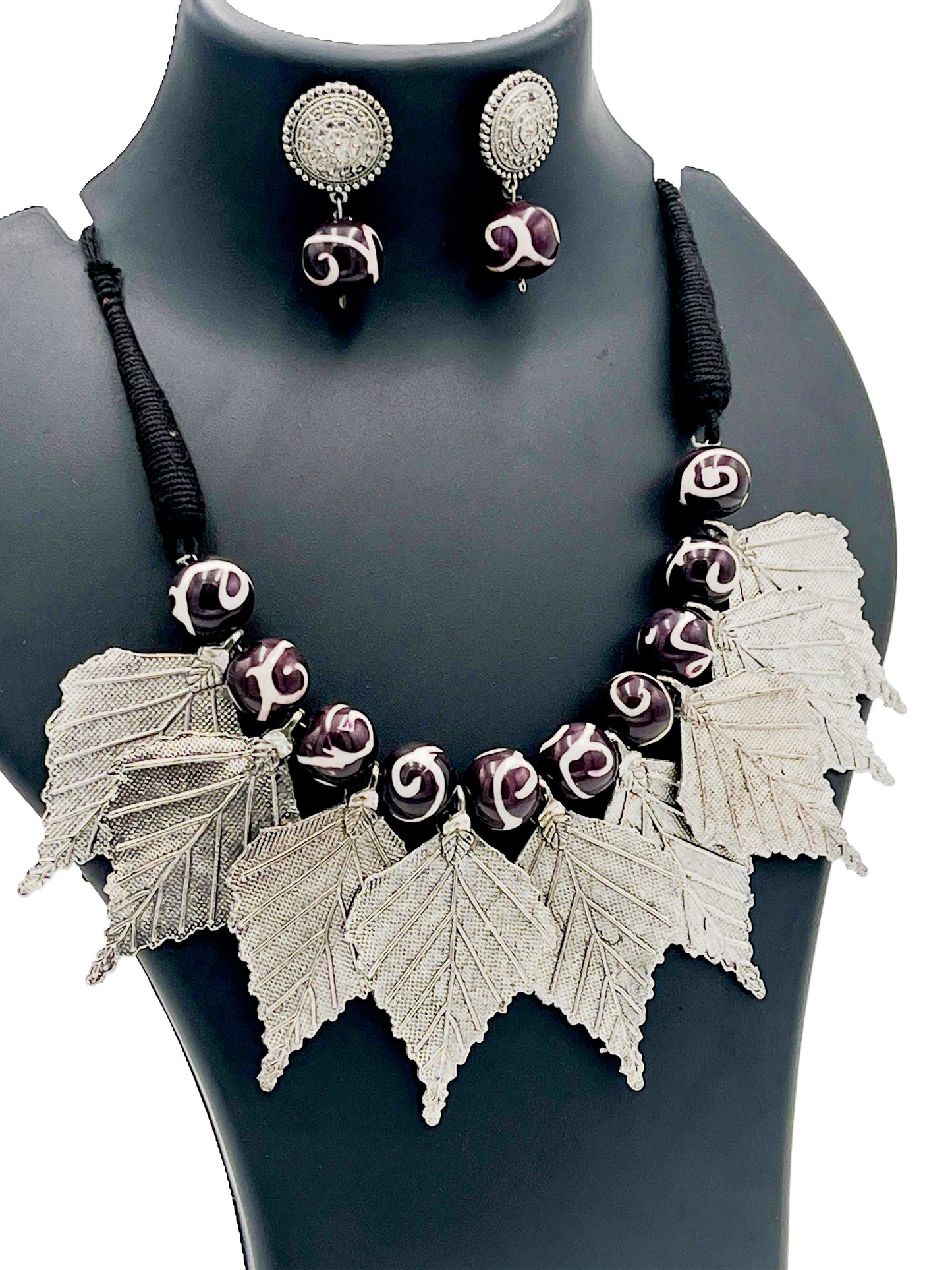 Handcrafted Oxidized Silver Leaf Necklace with Brown Swirl Beads