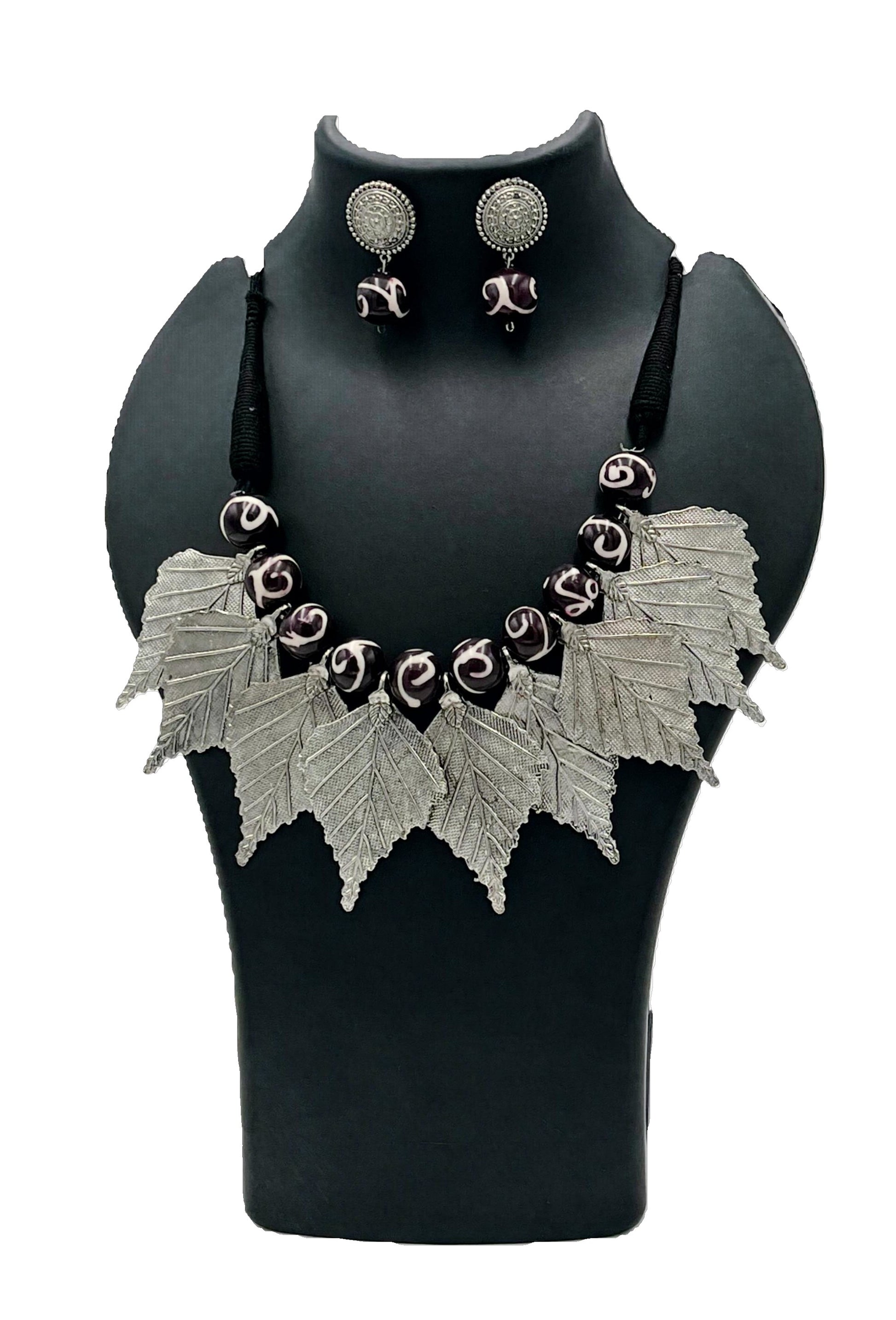 The Chakmak Rang Tarang Tribal Leaf Necklace Set with Brown Swirl Beads