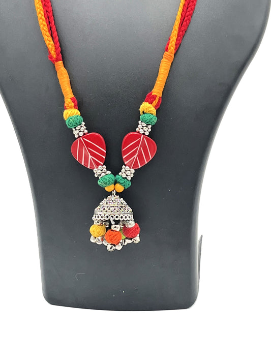 Close-up view of Heart Beads & Jhumka Pendant – Handmade Necklace by The Chakmak