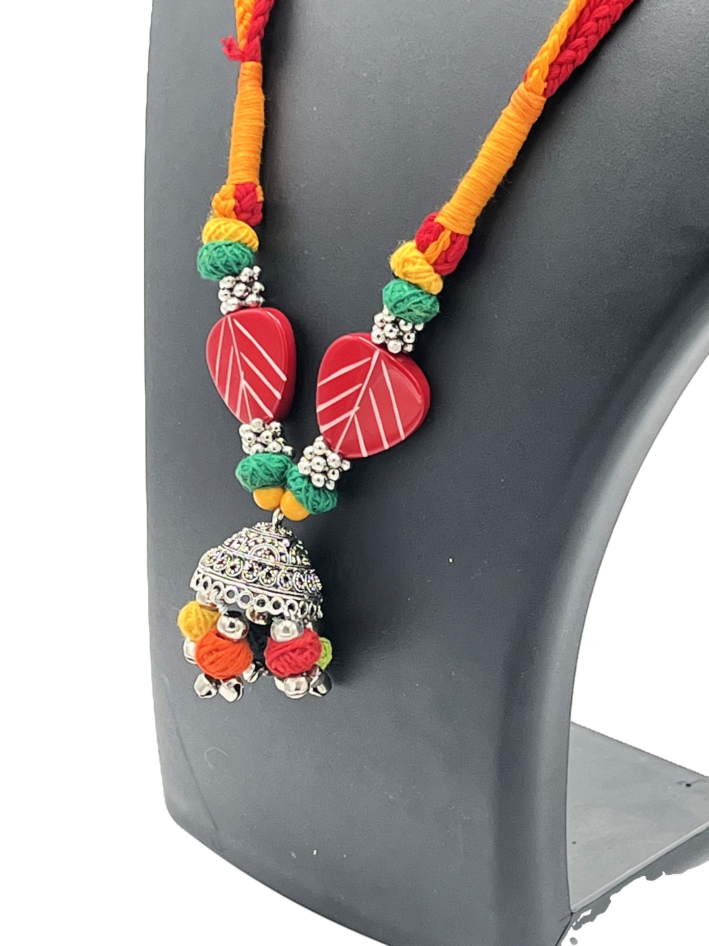 Side view of Handmade Thread Necklace with Oxidized Jhumka Pendant – The Chakmak