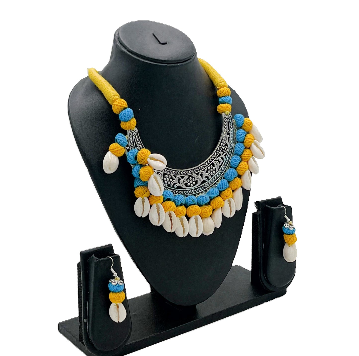 Yellow & Blue Thread Shell Necklace with Oxidized Pendant and Earrings – Traditional Navratri & Festive Jewelry Set by The Chakmak