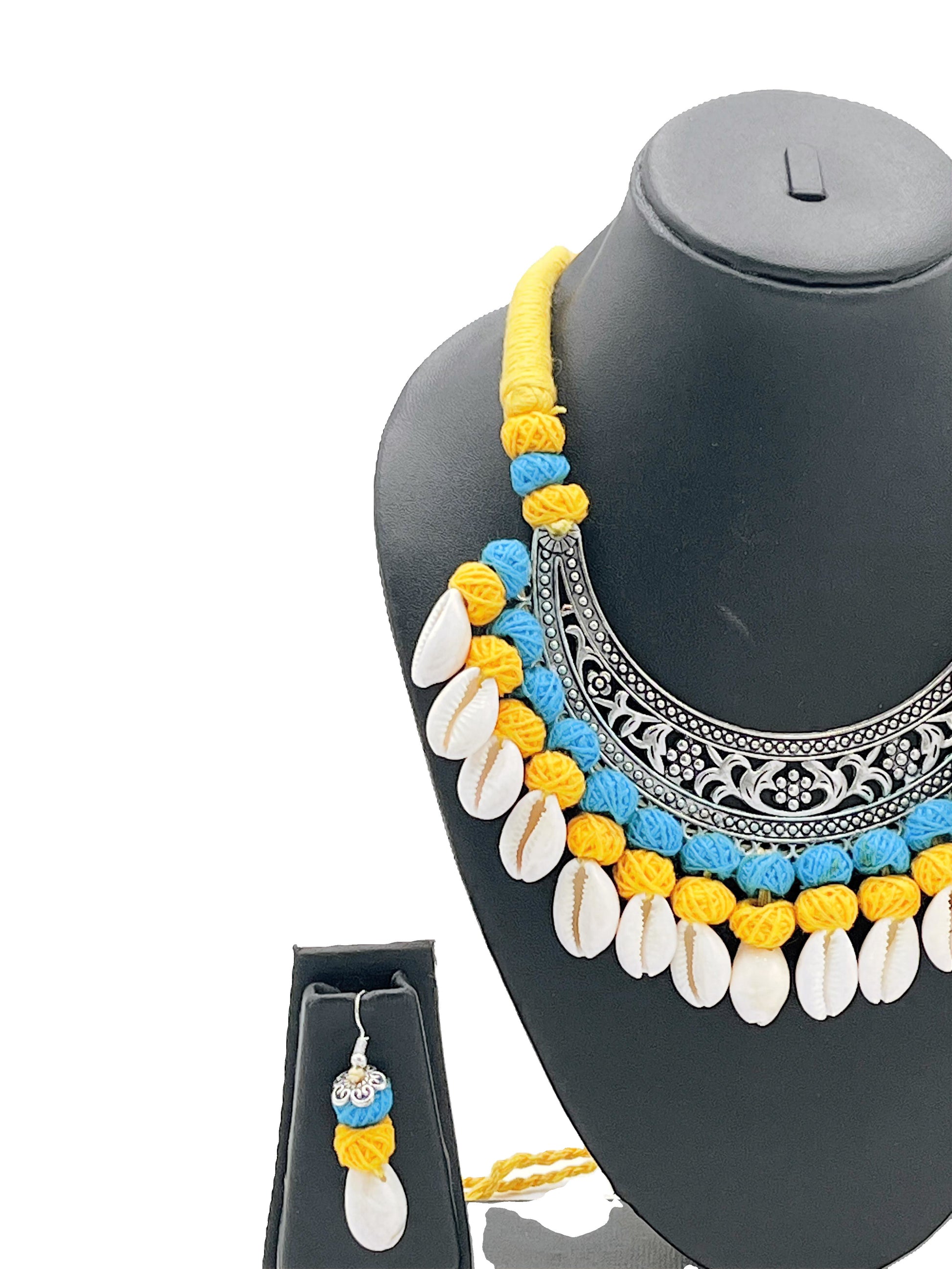 Oxidized Crescent Pendant with Cowrie Shells on Yellow & Blue Thread Necklace – Handmade Ethnic Jewelry by The Chakmak