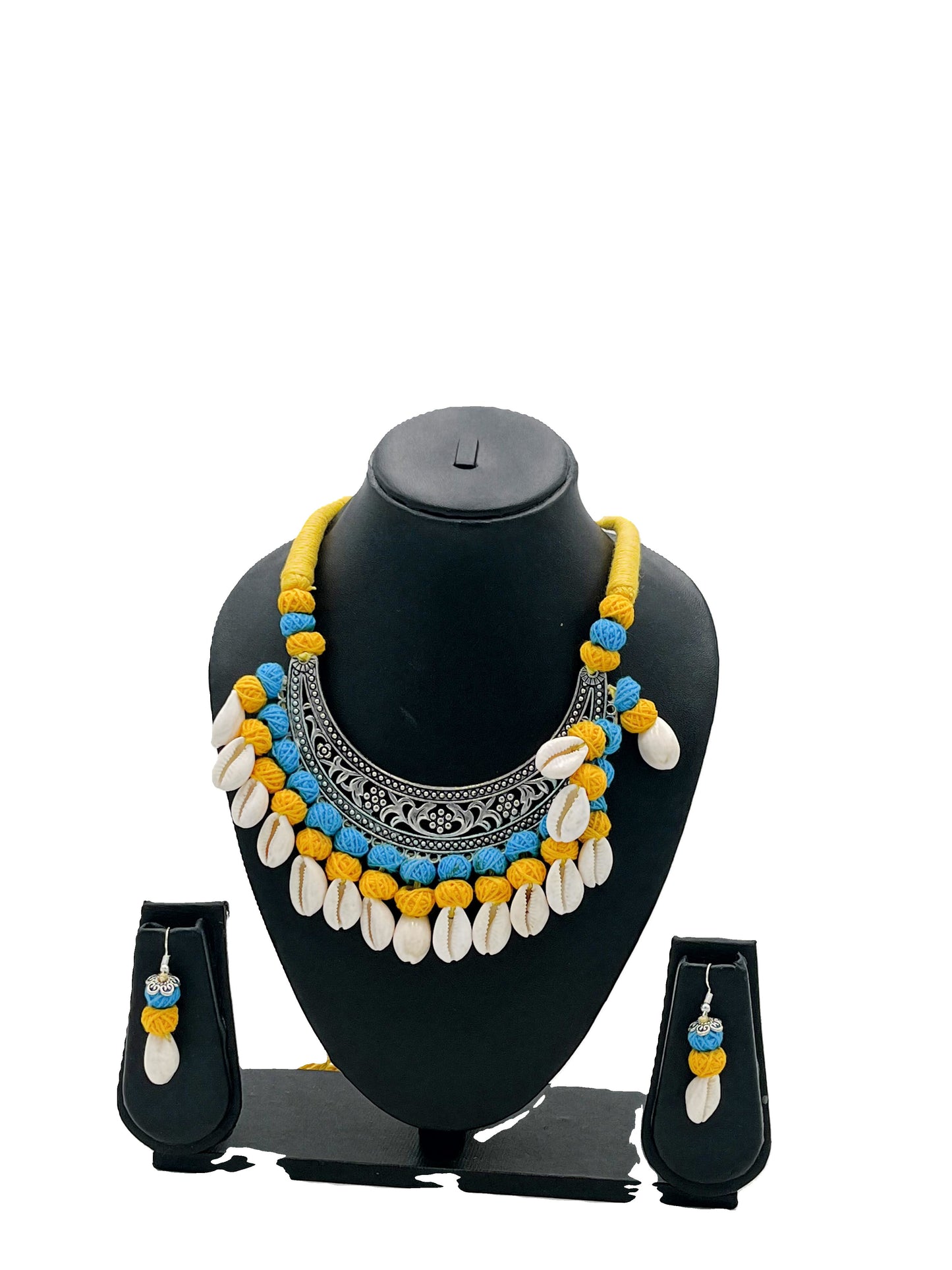 The Chakmak Rang Tarang Yellow & Blue Thread Shell Necklace Set with Oxidized Pendant and Matching Earrings – Handmade Festival Jewelry
