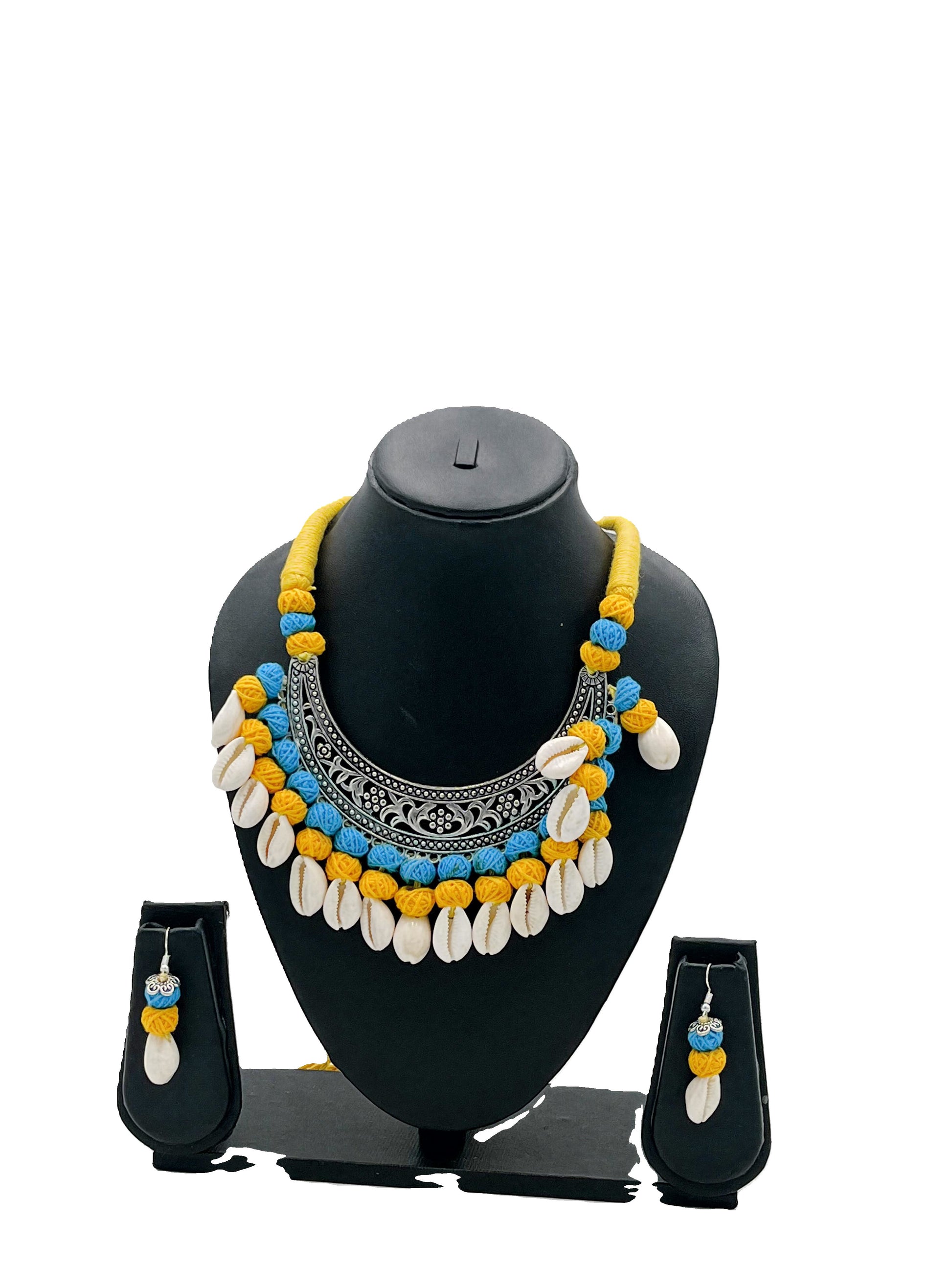 The Chakmak Rang Tarang Yellow & Blue Thread Shell Necklace Set with Oxidized Pendant and Matching Earrings – Handmade Festival Jewelry