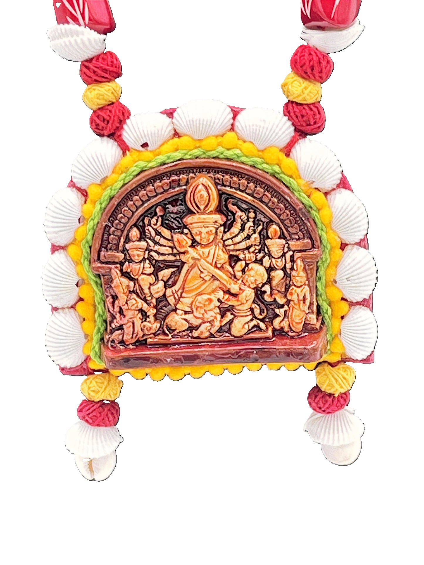 Close-up of Durga Devlok Pendant with Shell Arch – The Chakmak Terracotta Tales Ethnic Jewelry