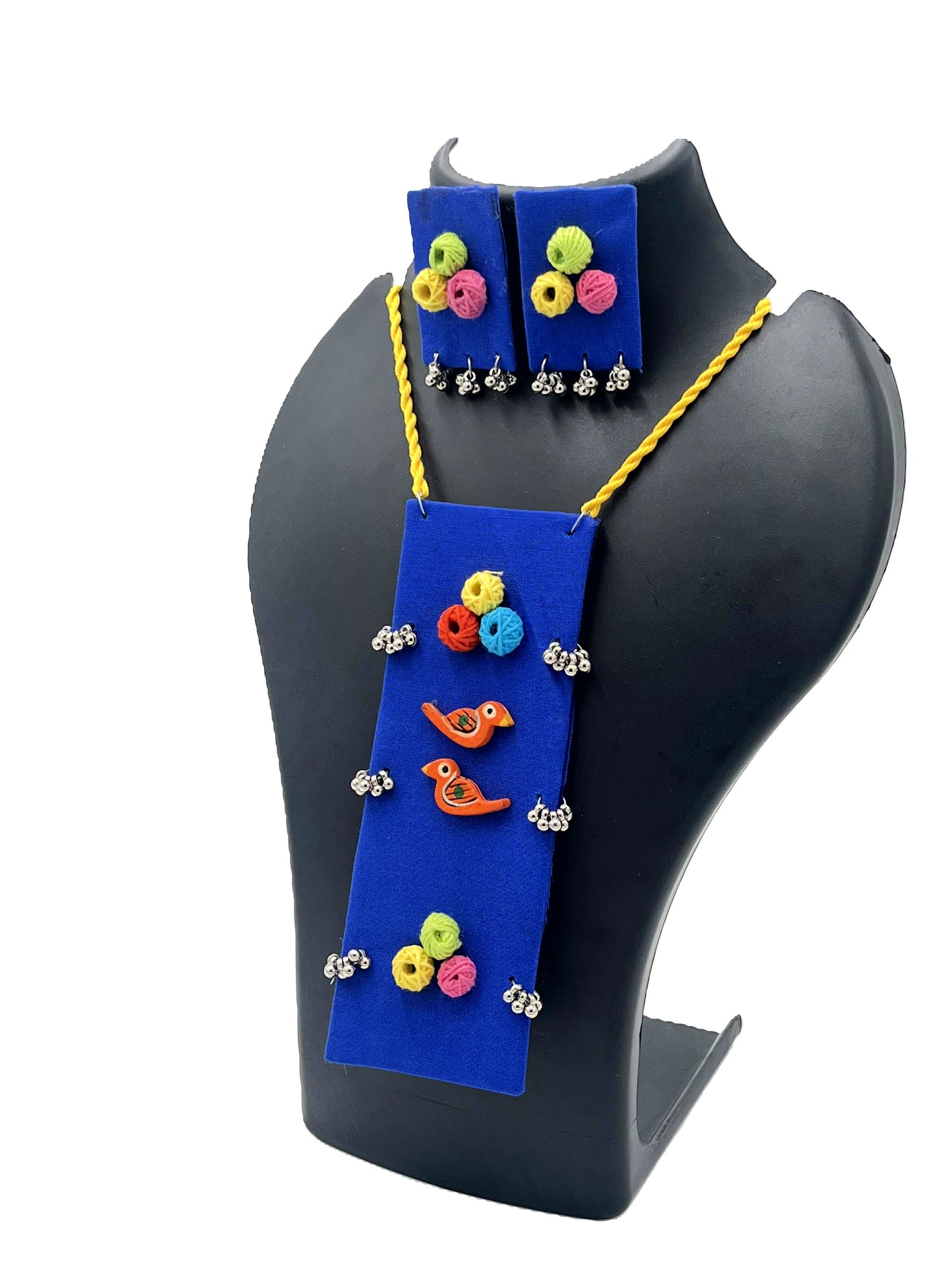 Side View of Handcrafted Indigo Necklace Set with Ghungroo Accents