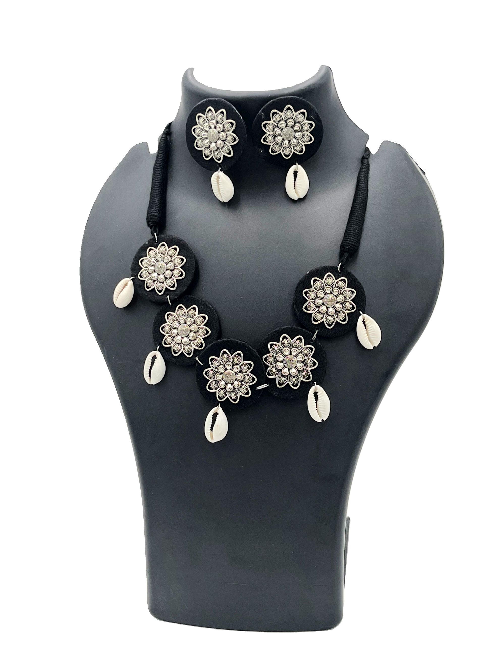 The Chakmak Tribal Bloom Black Thread Necklace Set with Floral Pendant
