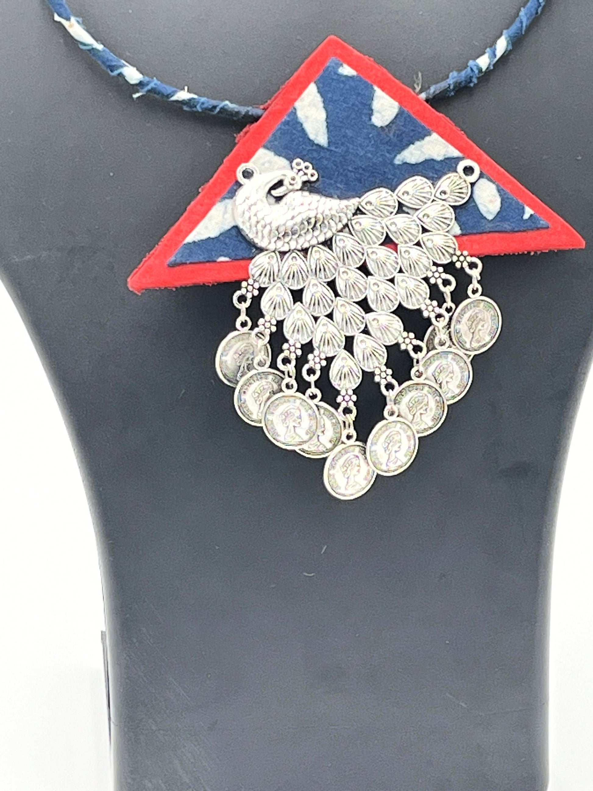 Close-up of Silver Peacock Pendant with Coin Drops – Tribal Royalty Collection