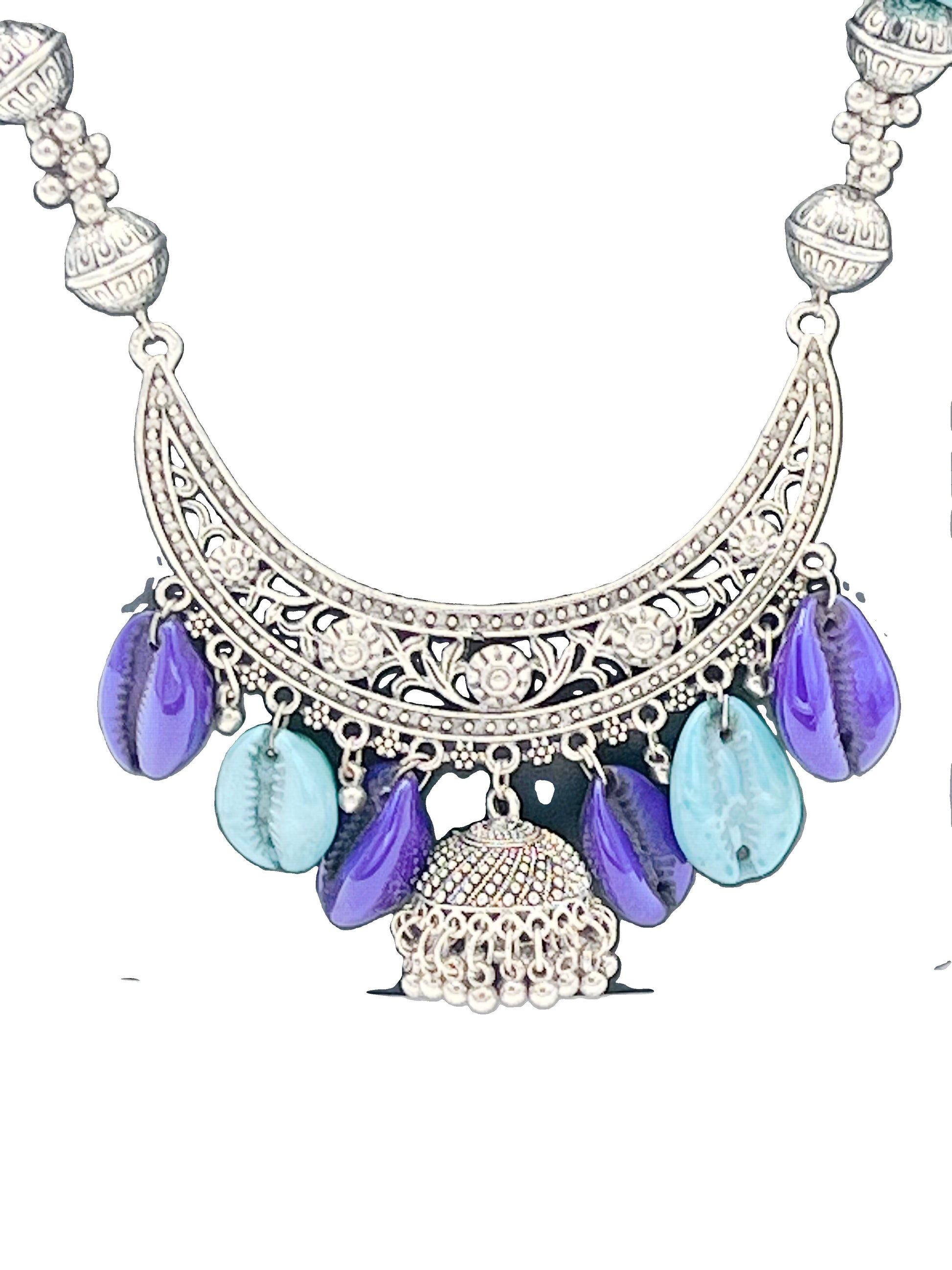 Close-up of Tribal Crescent Pendant with Shells & Bell Dangler
