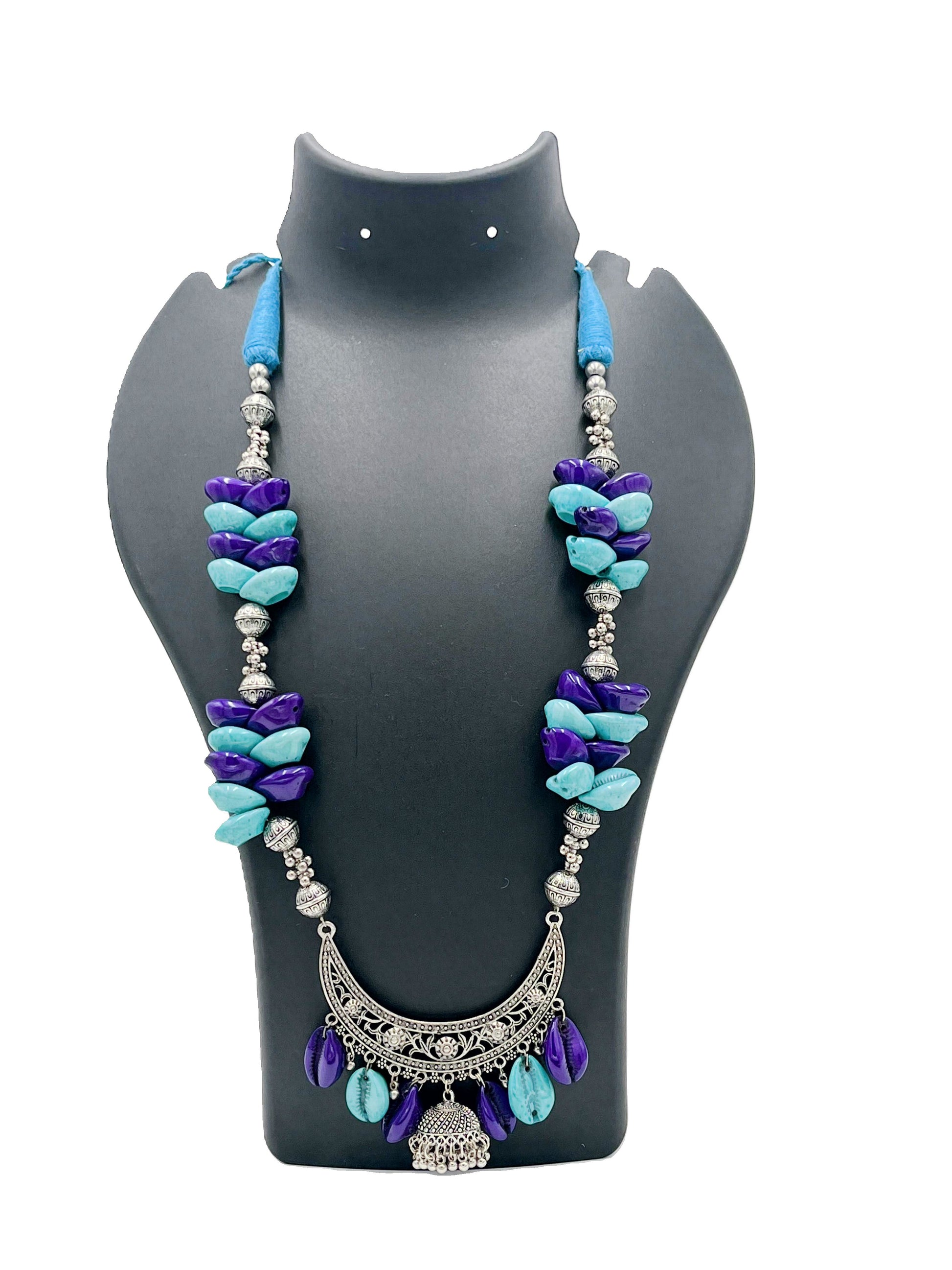 Handmade Blue & Violet Shell Necklace with Oxidized Pendant – The Chakmak