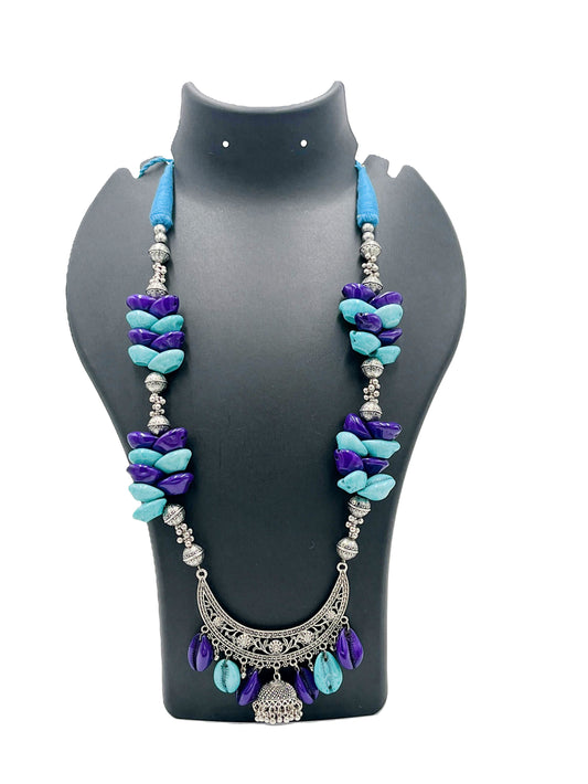Handmade Blue & Violet Shell Necklace with Oxidized Pendant – The Chakmak