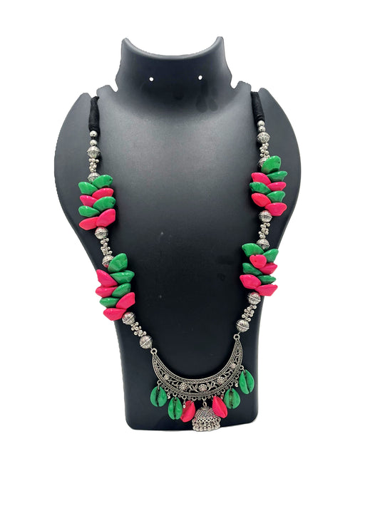 Handcrafted Pink & Green Shell Necklace with Oxidized Pendant – The Chakmak