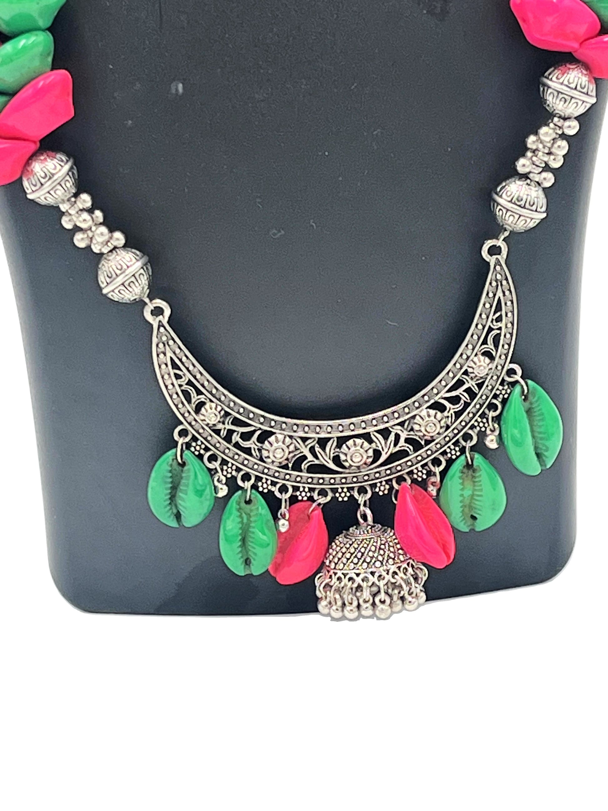 Close-up view of SeaBloom Oxidized Necklace with Bell Charms