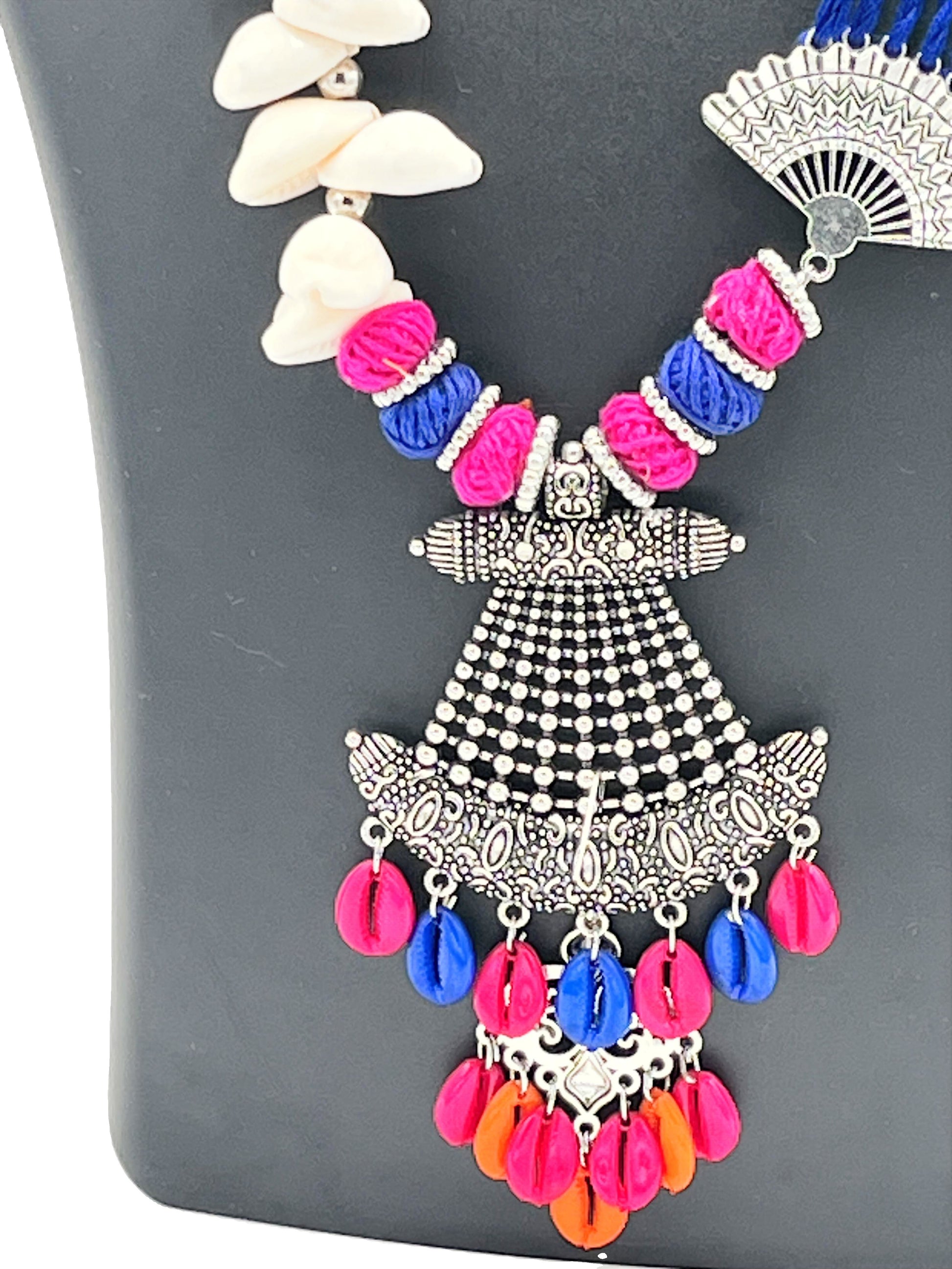 Close-up view of SeaBloom Shell Necklace – Magenta & Blue