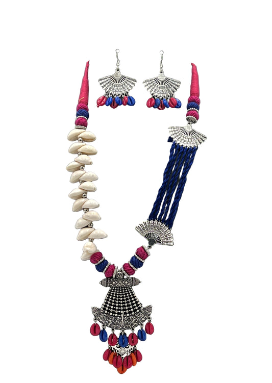 Handcrafted Magenta & Blue Shell Necklace Set with Dancer Pendant – The Chakmak