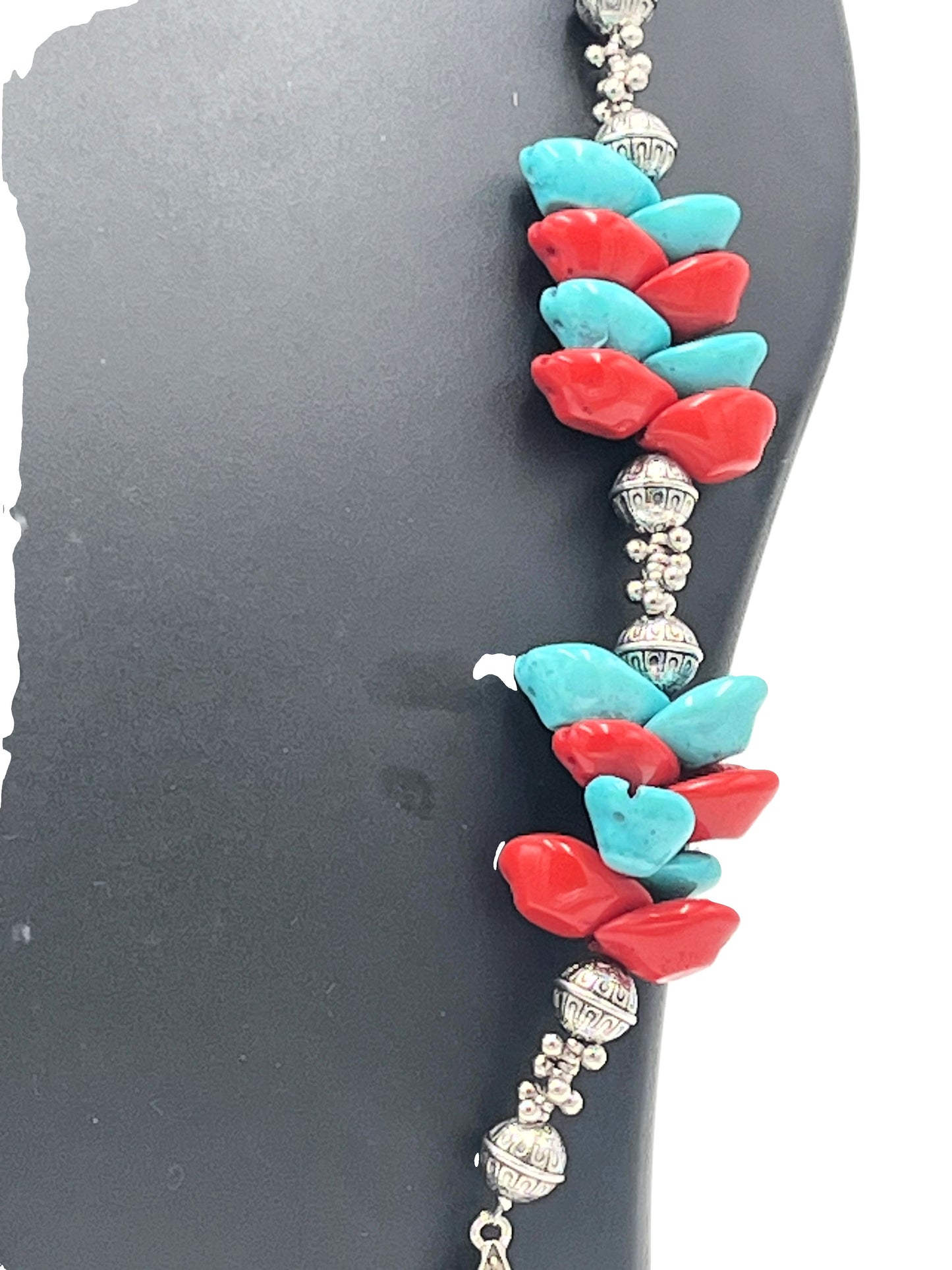 Side Close-up of Tribal Red & Turquoise Shell Necklace Pendan