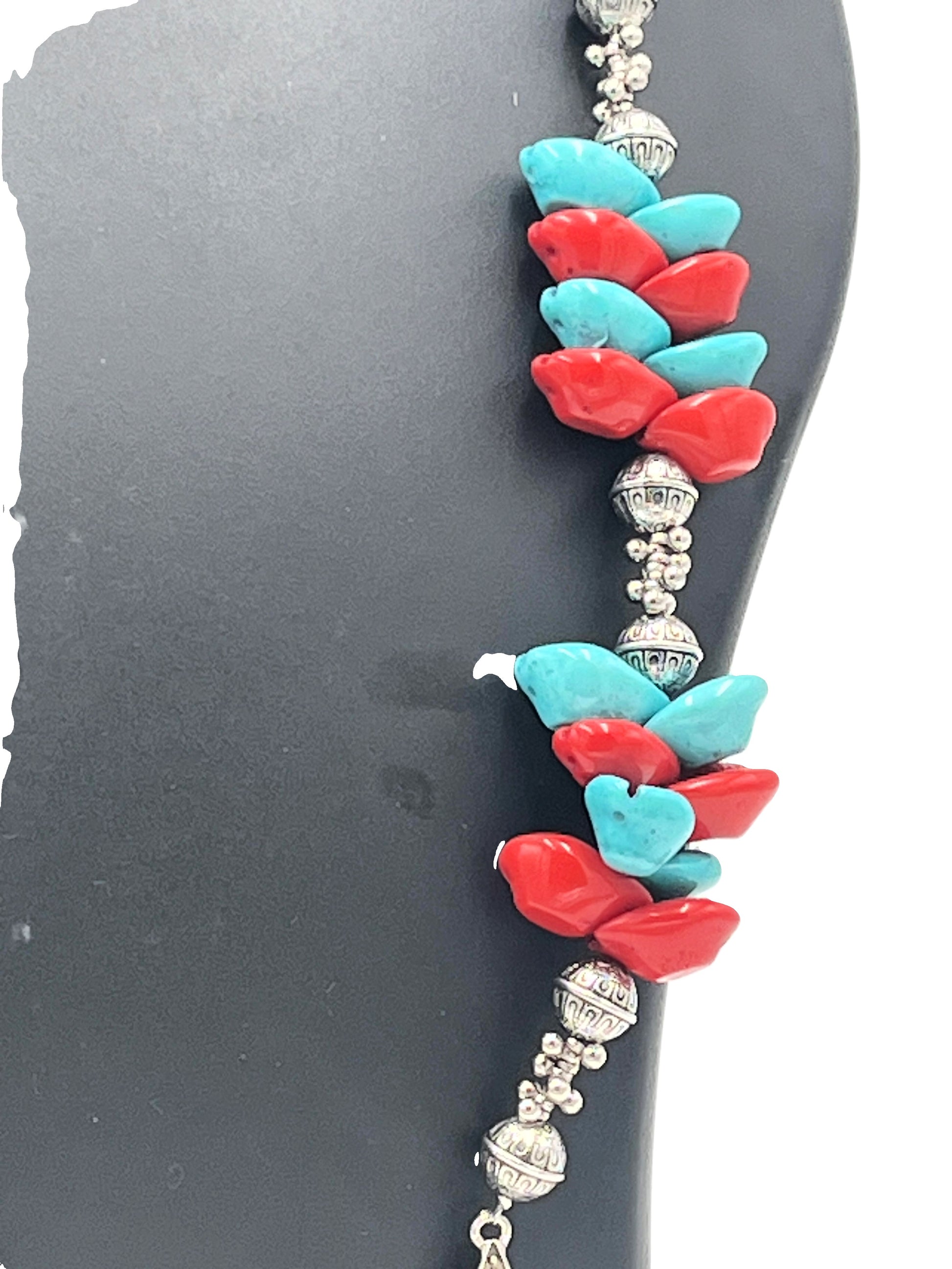 Side Close-up of Tribal Red & Turquoise Shell Necklace Pendan