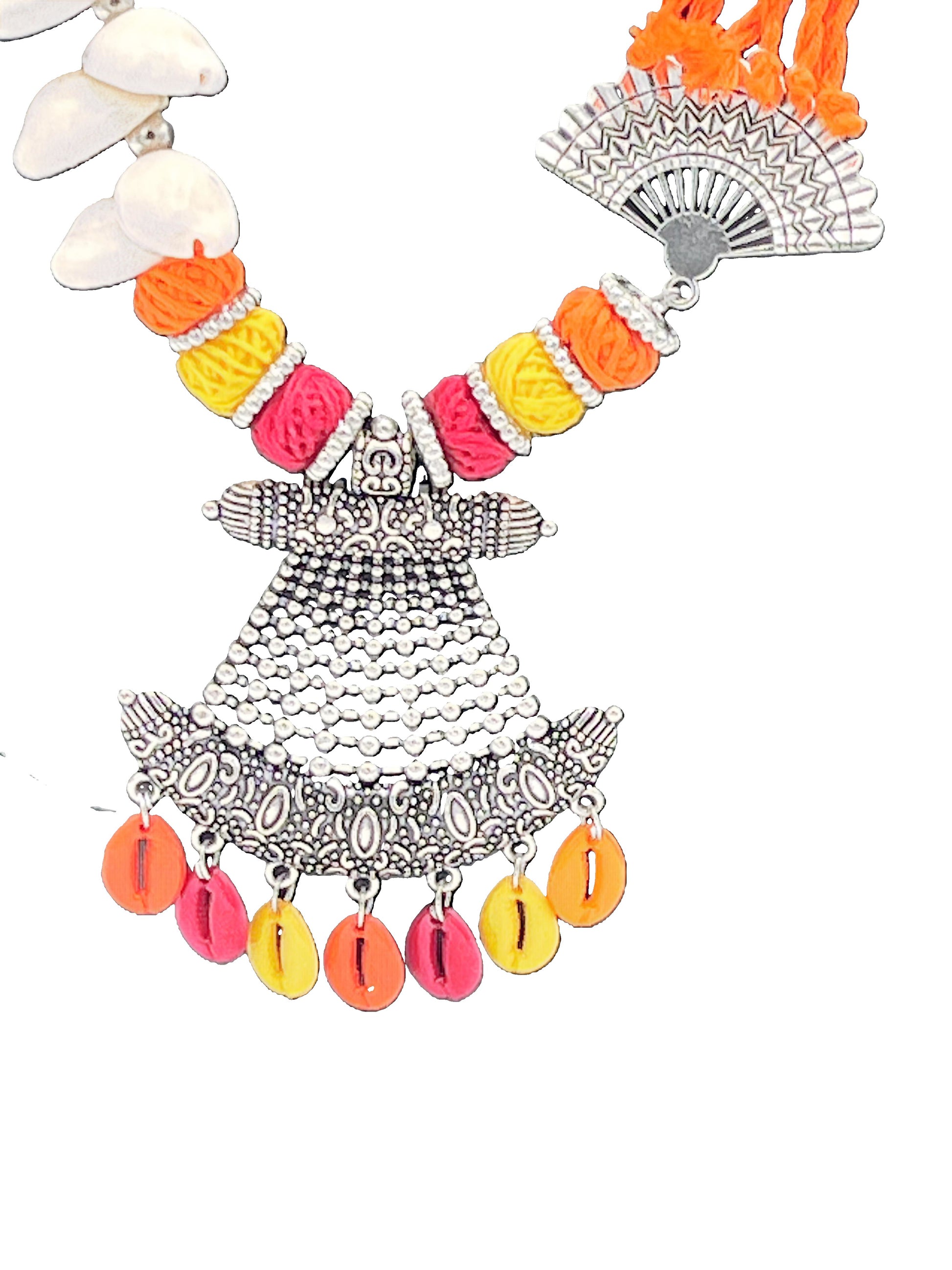 Ethnic Oxidized Pendant Necklace with Colorful Cowrie Shells