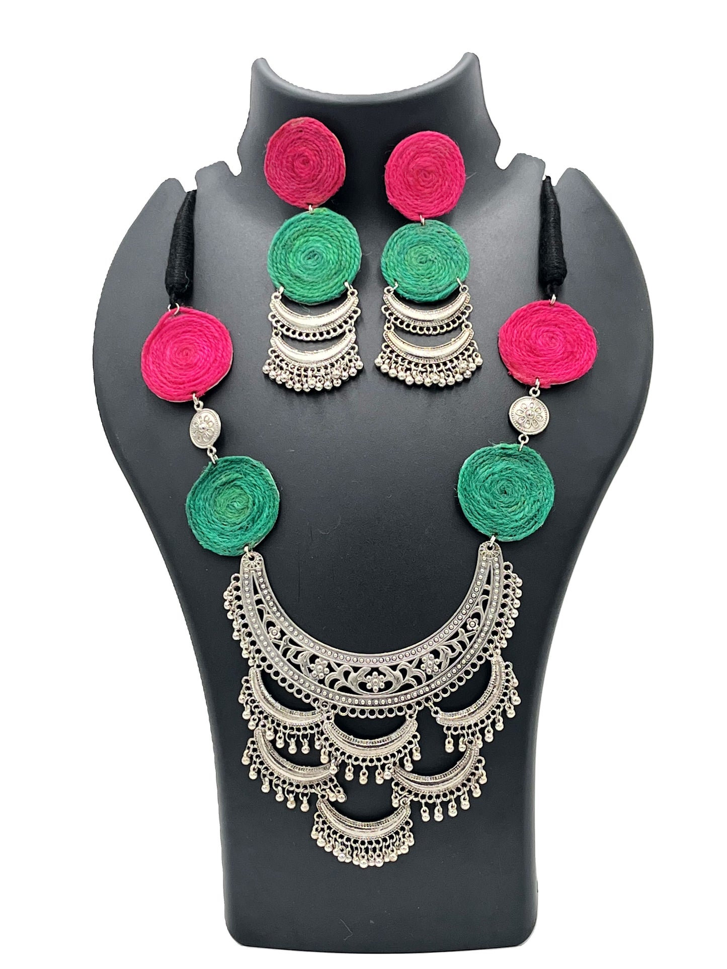 Handmade Pink & Green Thread Necklace Set with Oxidized Silver Pendant – The Chakmak