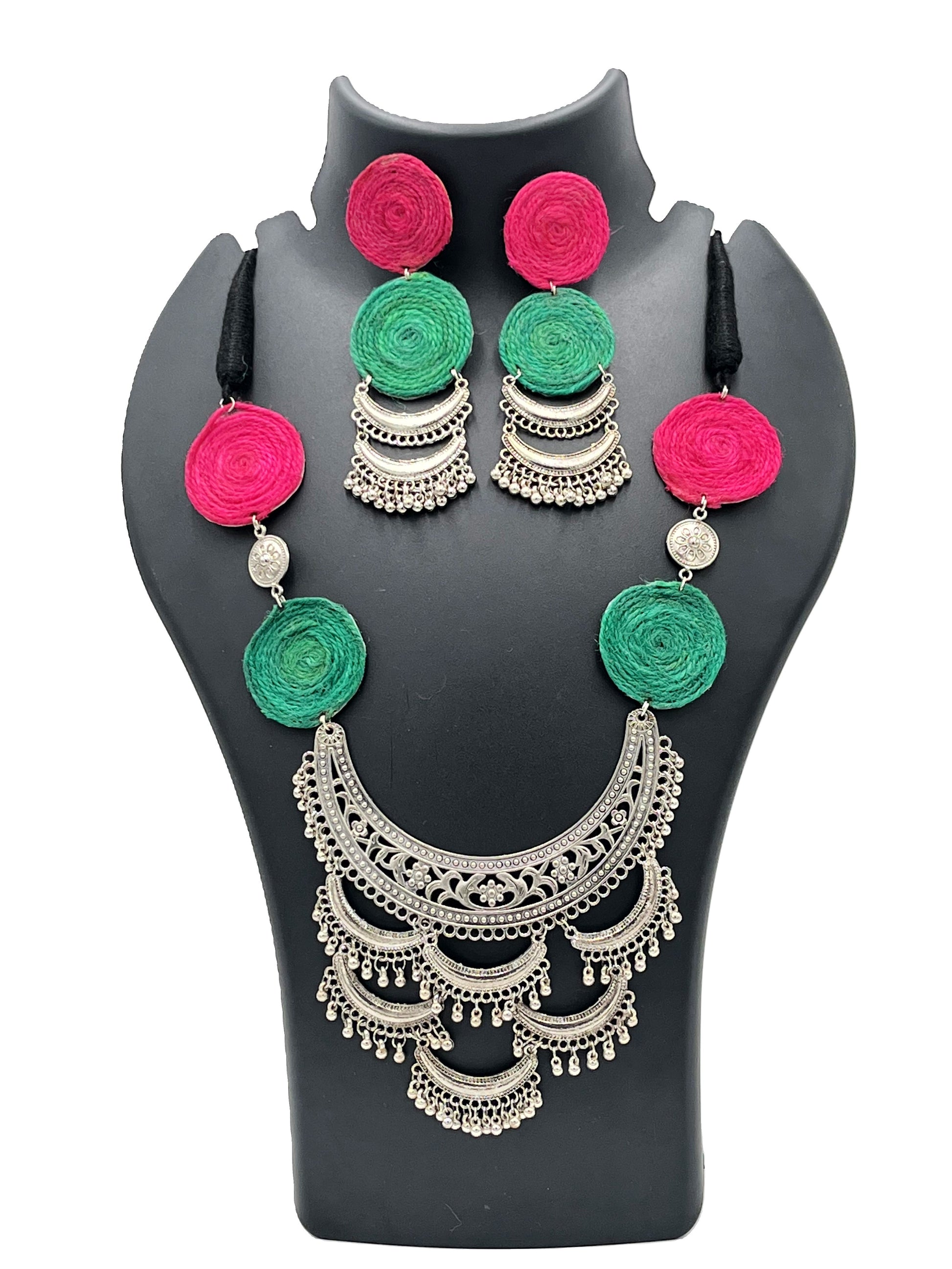 Handmade Pink & Green Thread Necklace Set with Oxidized Silver Pendant – The Chakmak
