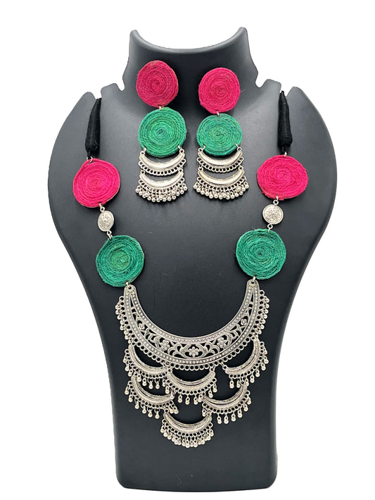 Handmade Pink & Green Thread Necklace Set with Oxidized Silver Pendant – The Chakmak