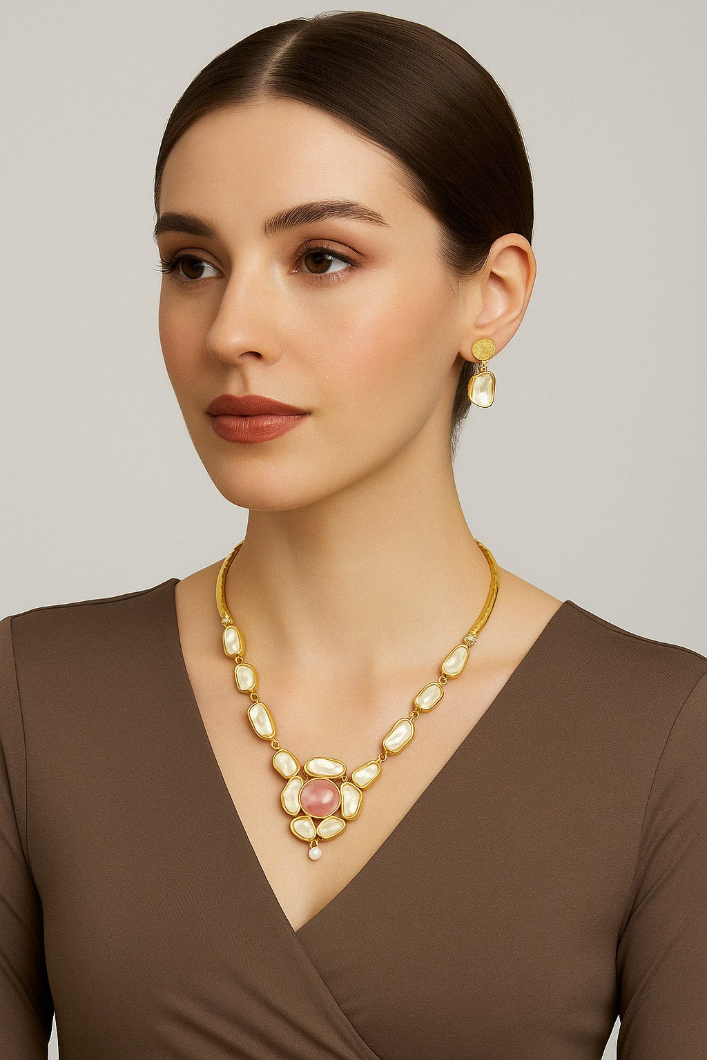 AI model view wearing Blush Radiance Necklace Set – The Chakmak Collection