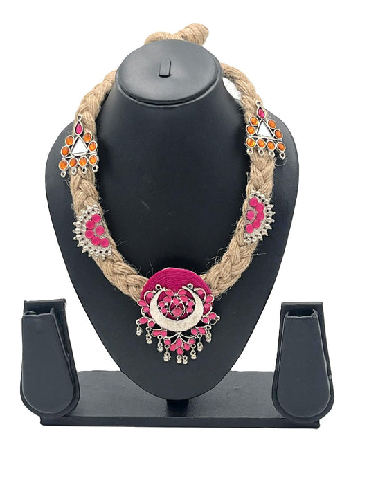 The Chakmak Boho Baag Tribal Mirror Work Necklace with Braided Jute