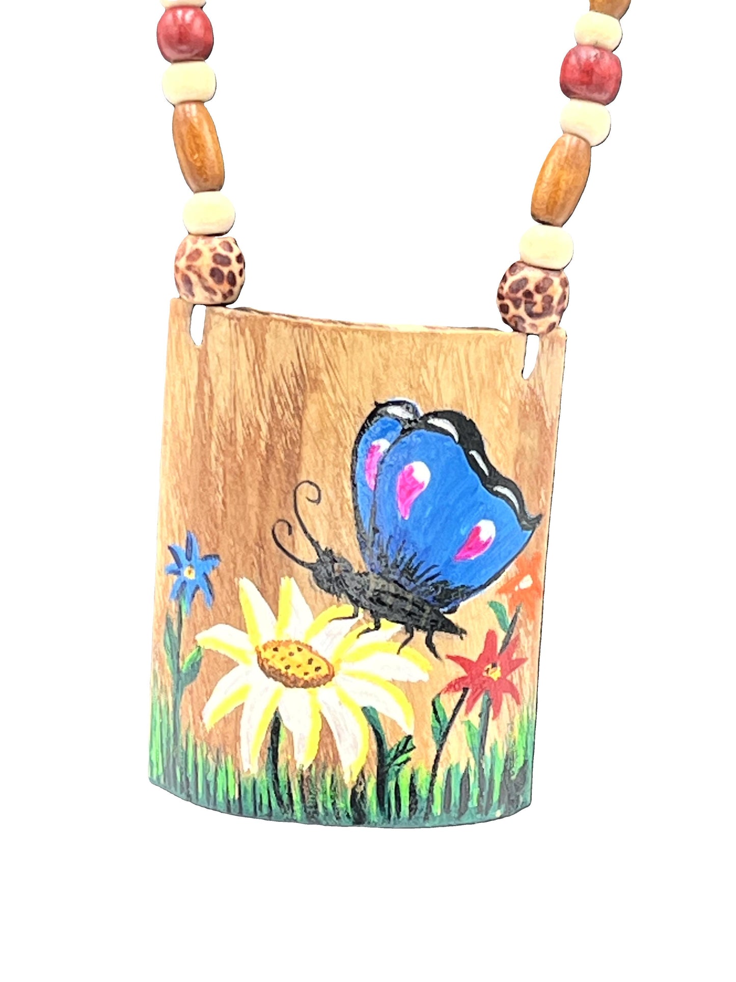 Close-up of Hand-Painted Butterfly and Daisy Pendant – The Chakmak