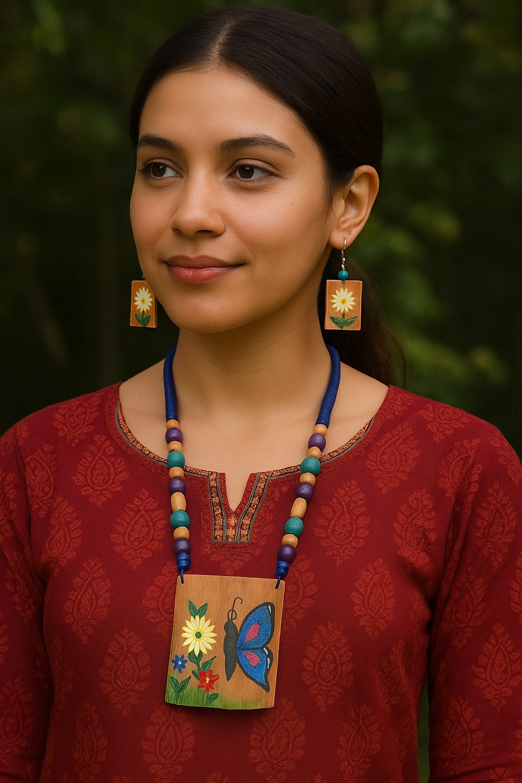 Model wearing Handmade Bamboo Necklace & Earrings – The Chakmak