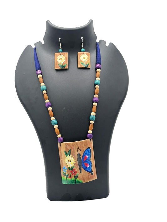 Eco-Friendly Hand-Painted Bamboo Necklace Set – The Chakmak Butterfly Melody