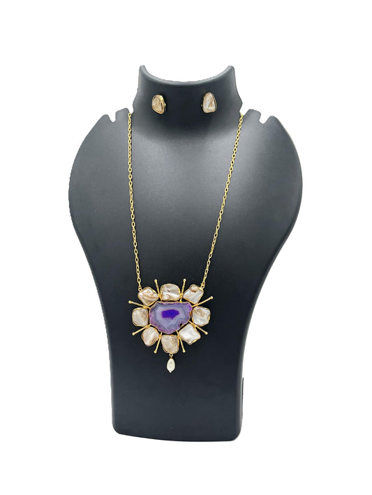The Chakmak Divine Aura Purple Agate Pendant Necklace with Baroque Pearls