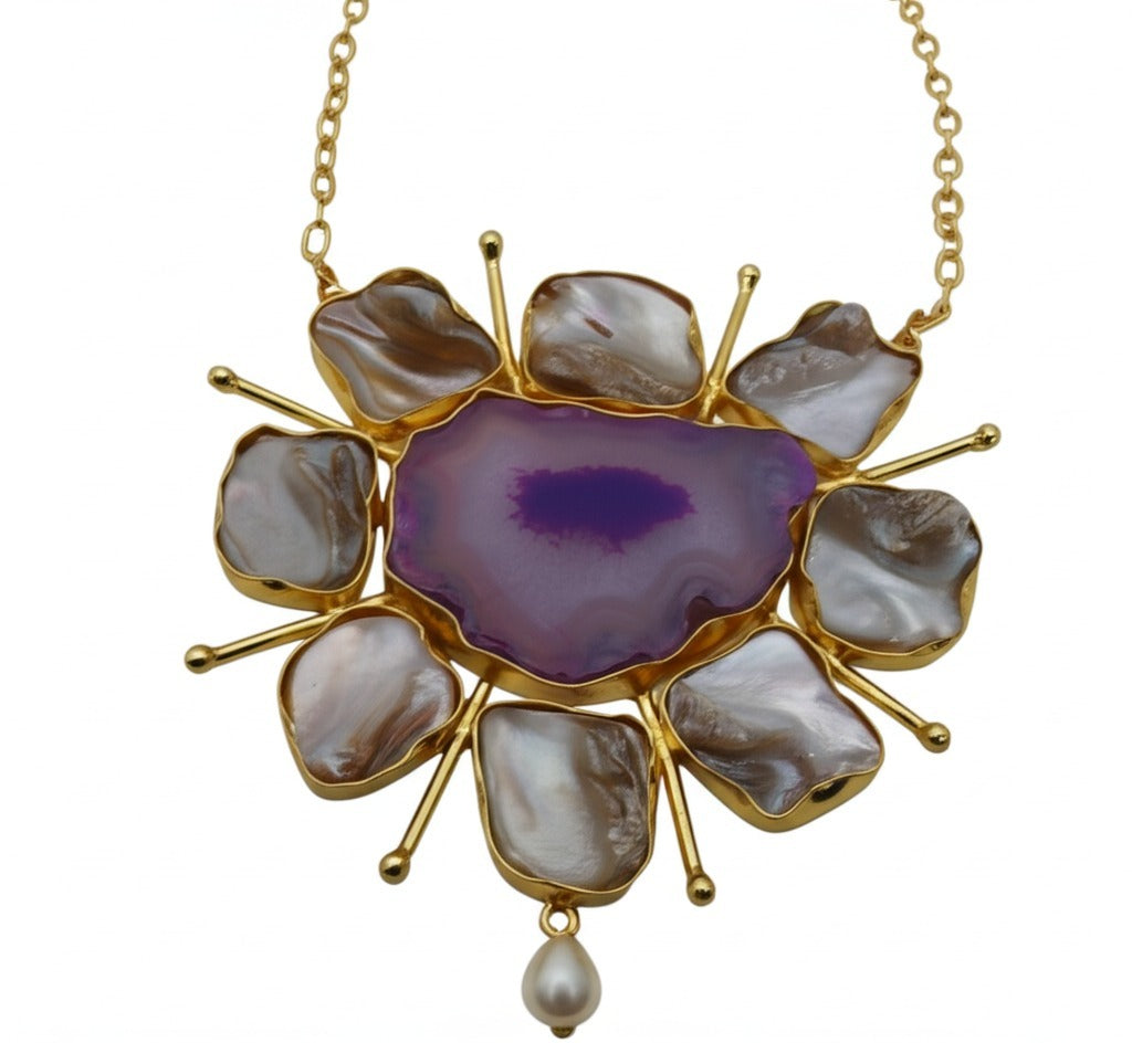 Close-up of handcrafted purple agate floral pendant with pearl accents – The Chakmak