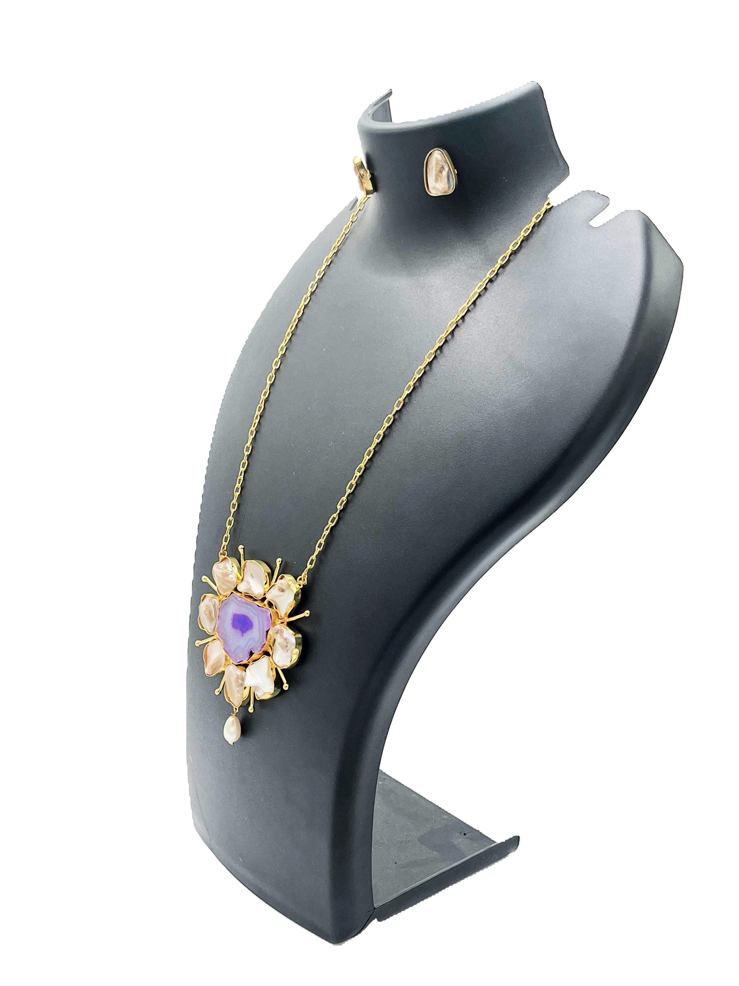 Artisan-crafted purple agate pendant necklace with pearl studs – The Chakmak Collection