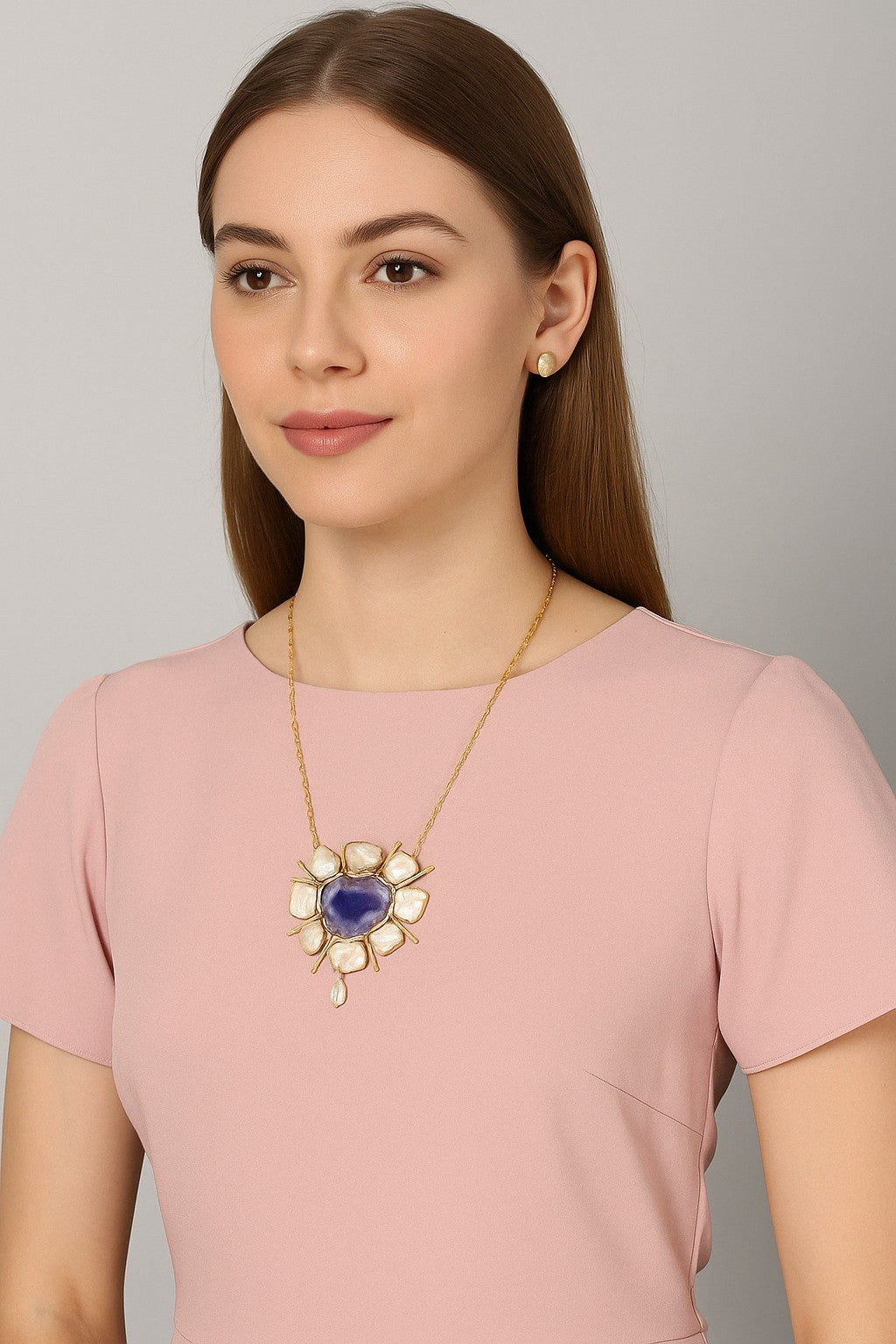 AI model wearing Divine Aura Purple Agate Necklace Set – The Chakmak Jewellery