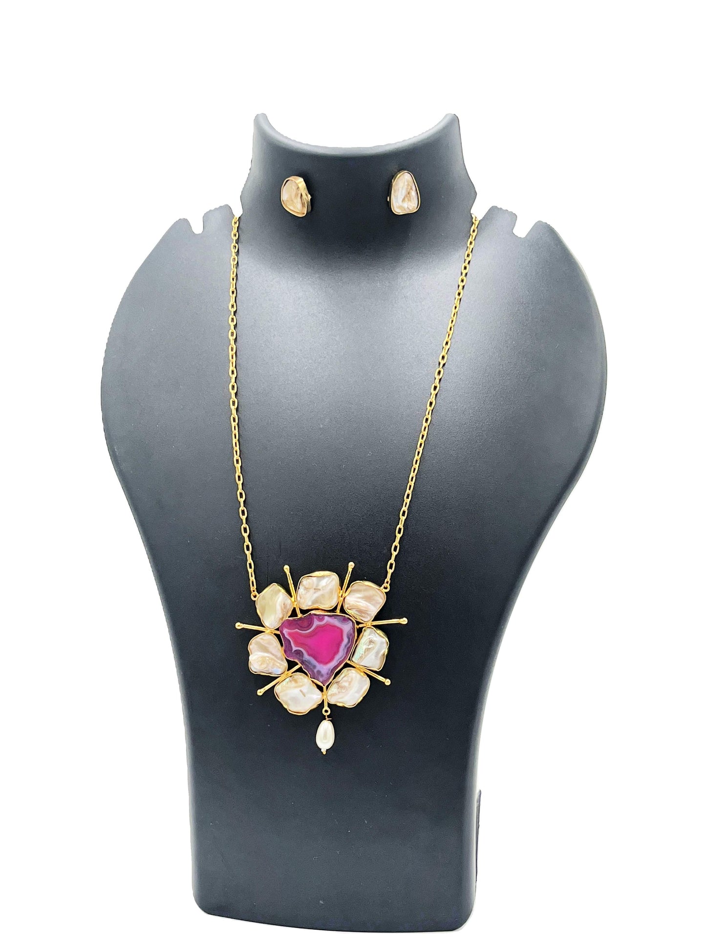 The Chakmak Divine Aura Rose Agate Pendant Necklace Set with Baroque Pearls