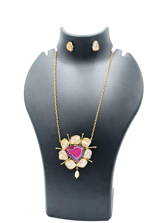 The Chakmak Divine Aura Rose Agate Pendant Necklace Set with Baroque Pearls