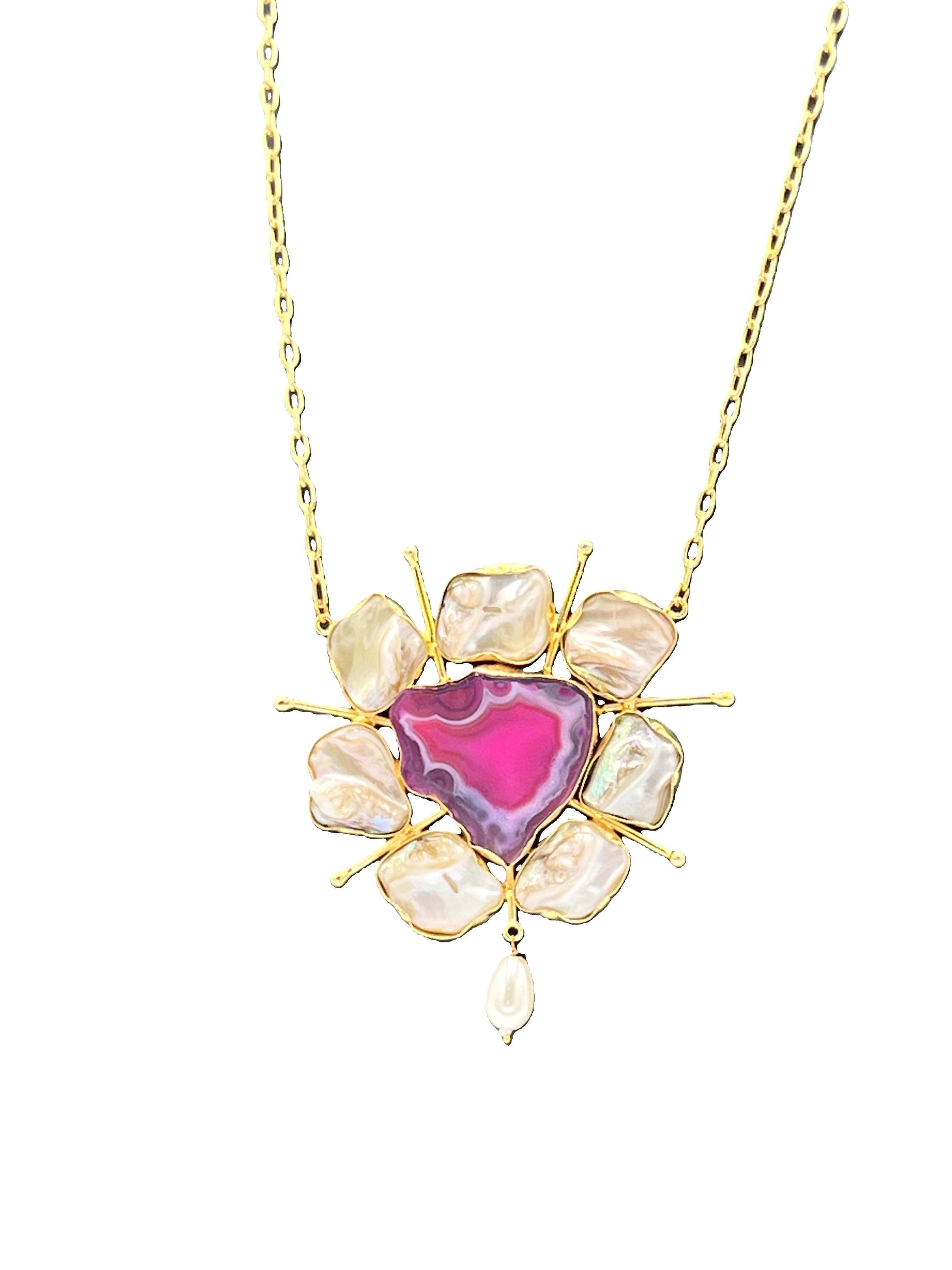 Baroque Pearl Necklace with a pink Natural Stone heart-shaped pendant and pearl-like stones By the ChakmakCraft Pvt. Ltd. 