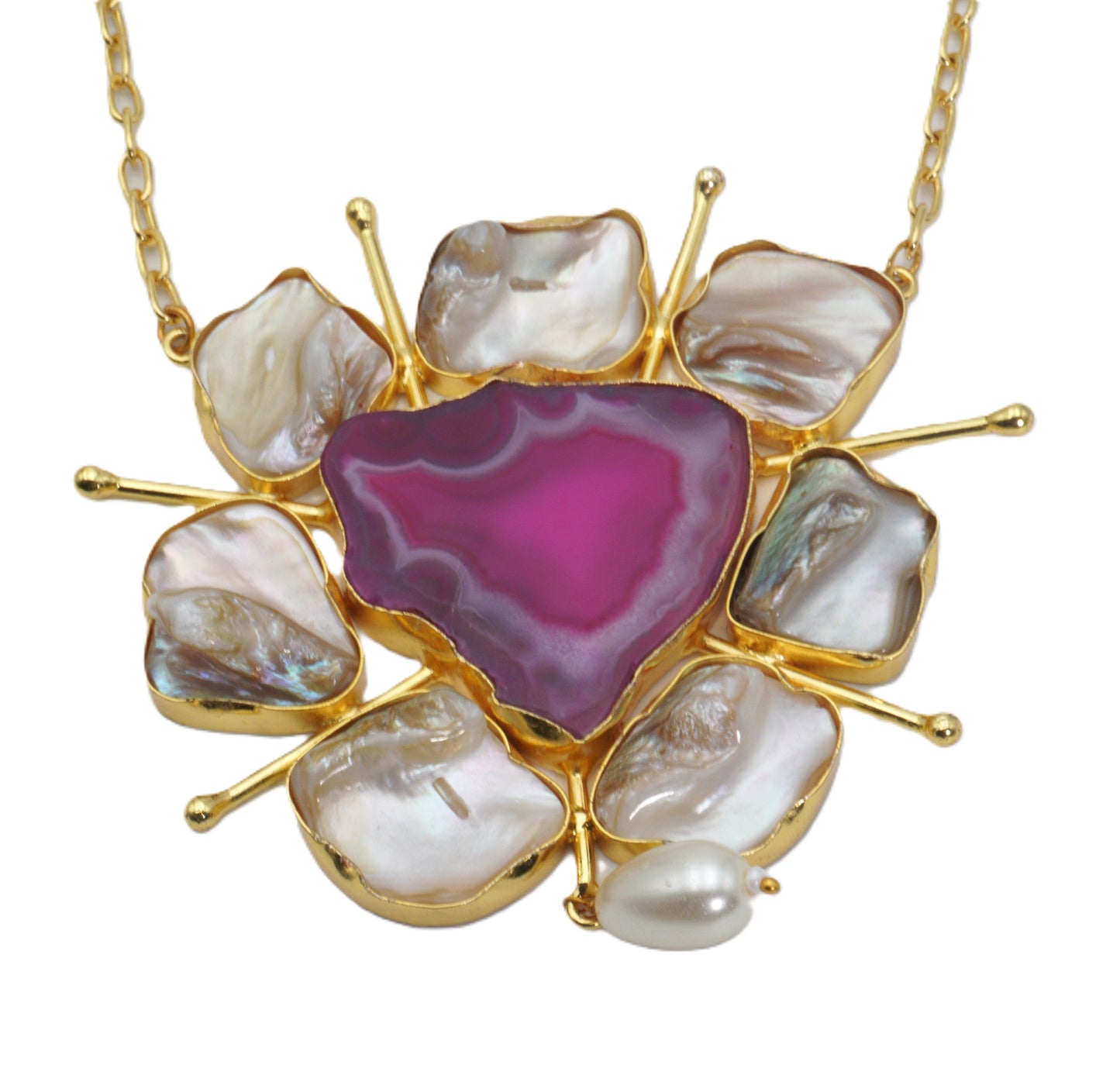 Close-up of rose agate pendant with baroque pearl petals – The Chakmak