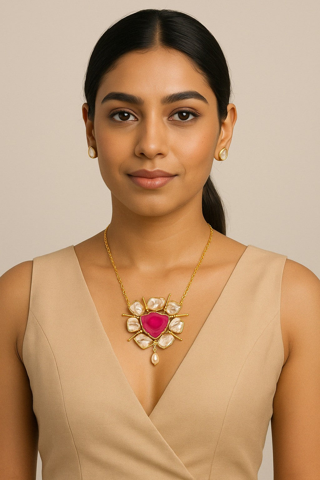 AI model wearing Divine Aura Rose Agate Necklace Set – The Chakmak Jewellery
