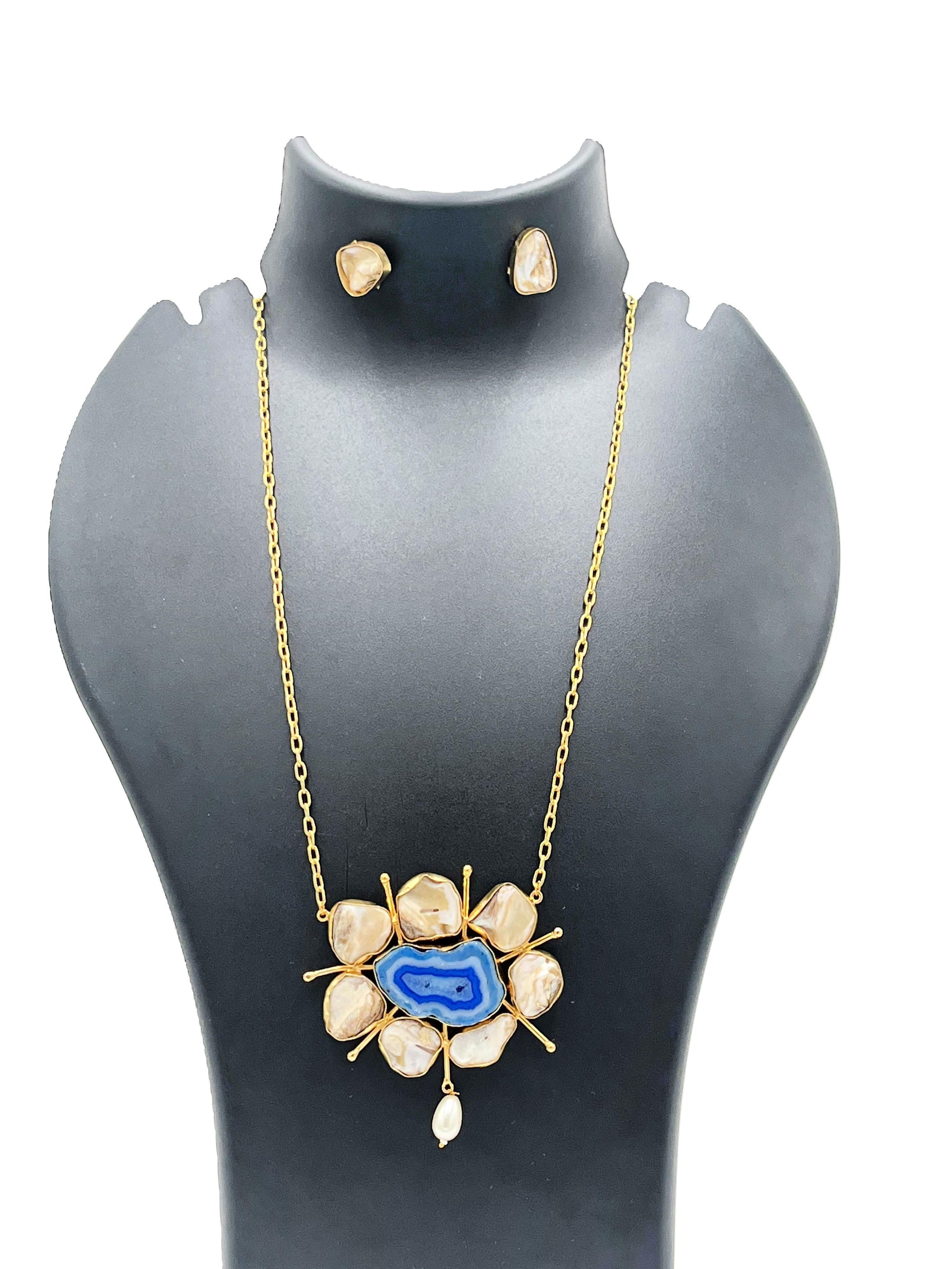 The Chakmak Divine Aura Royal Blue Agate Pendant Necklace with Baroque Pearls